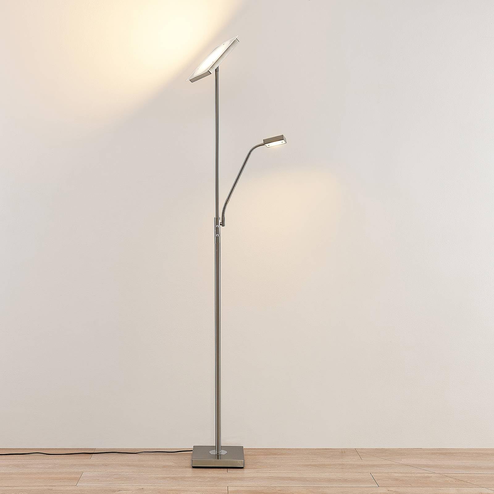 Lindby LED Stehlampe, Deckenfluter dimmbar verstellbarer Lesearm Standleuchte Metall Glas Standlampe Wohnzimmerlampe Leselampe