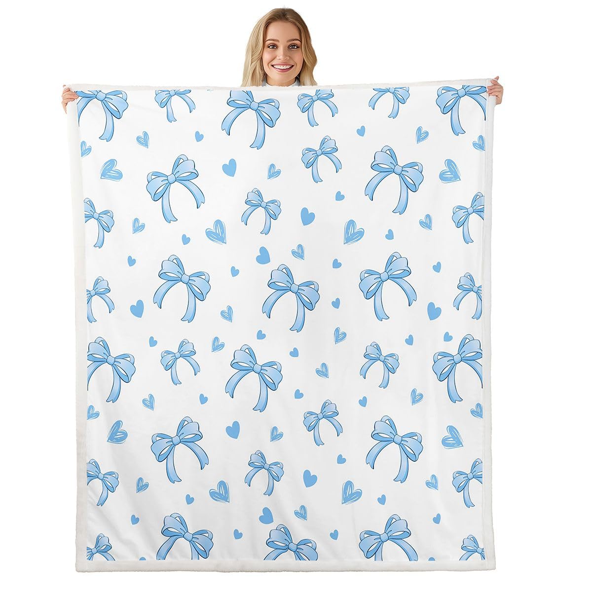 Homewish Dreamy Blue Kawaii kokarda szerpa koc puszysty pluszowa kokardka wstążka księżniczka polarowy koc - miłość serca dekoracja na łóżko kanapę Twin 152 cm x 203 cm