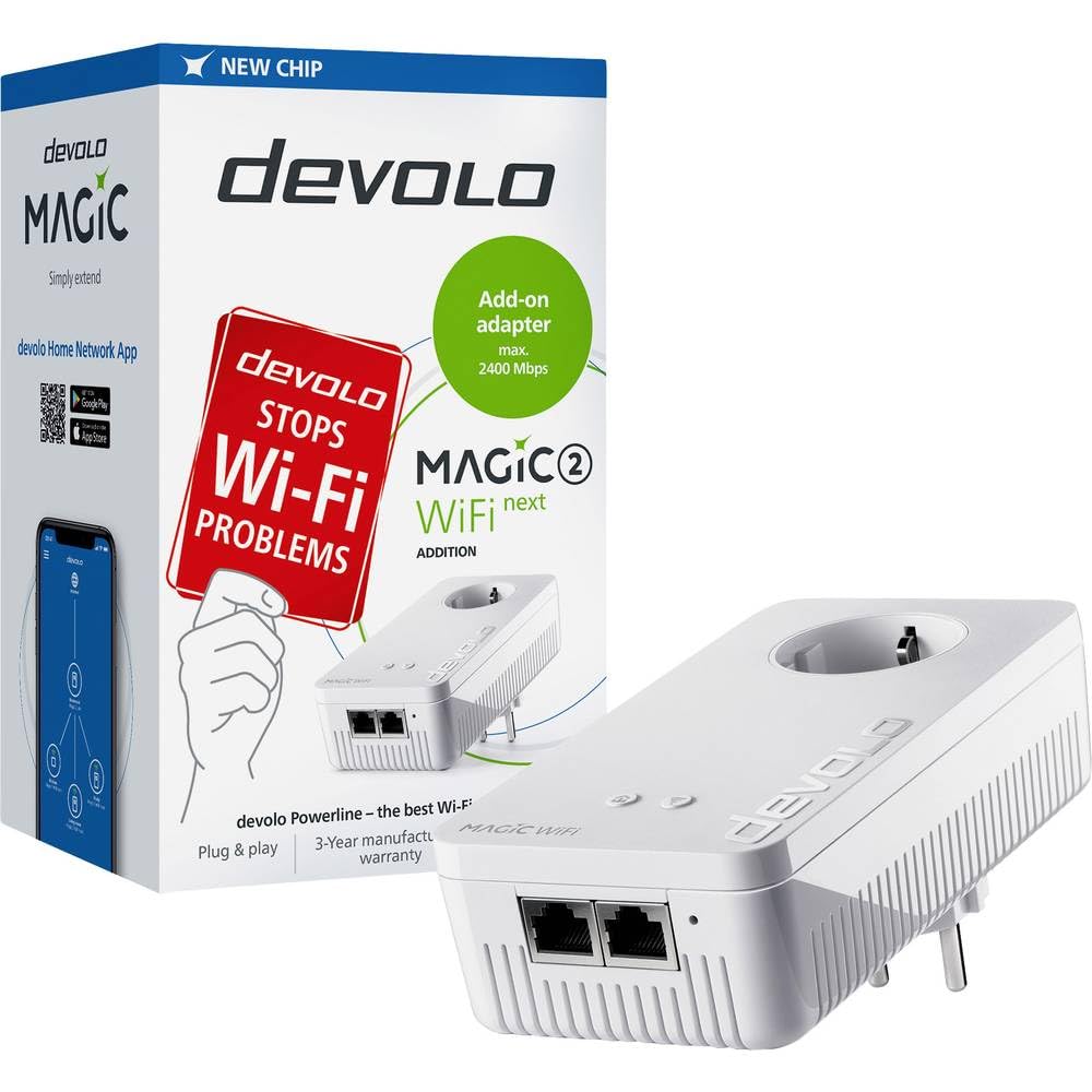 devolo Magic 2 – 2400 WiFi ac next Single Adapter: Adaptador amplificación rápido con mejor función WiFi ac de malla, adecuado para streaming (2400 Mbit/s, 2 x conexiones GB LAN, G.hn, AP Steering)