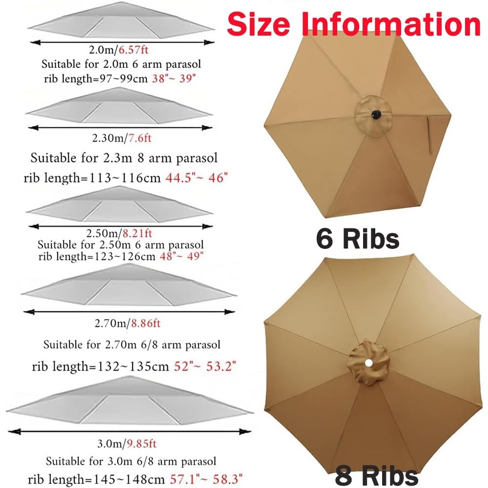 Zapasowy baldachim na parasol z 8 żebrami, wodoodporny pokrowiec z tkaniny, okrągły parasol tarasowy, zapasowy wierzch, na balkon, do ogrodu, na basen (khaki, 8 żeber, 2,5 m)