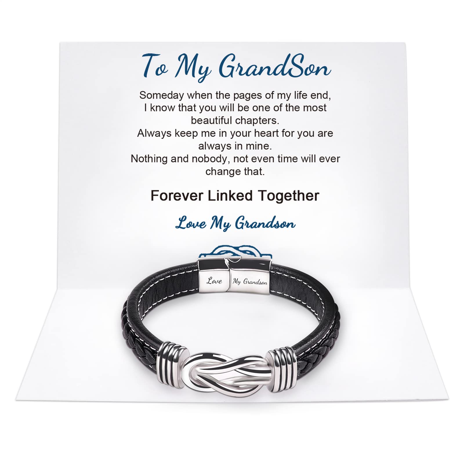 To My Son/Grandson Bracelet, Forever Linked Together Braided Leather Bracelet, Stainless Steel Magnetic Closure Leather Knot Cuff Wristband, Back to