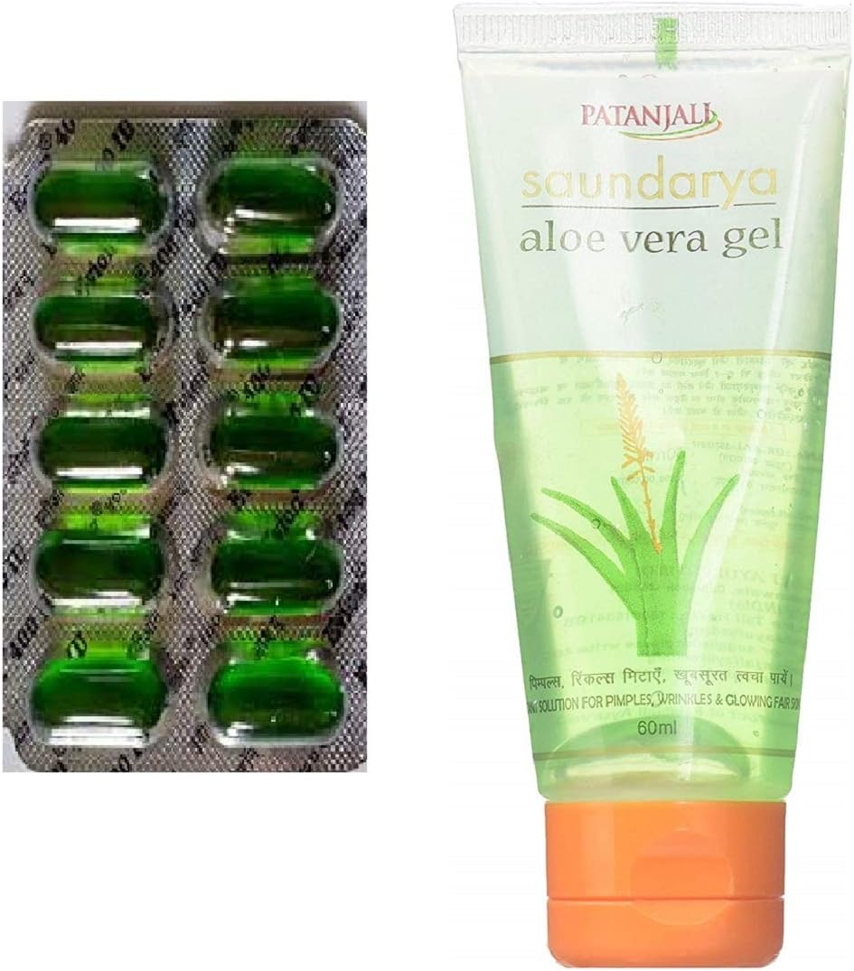 50 Evion Capsules Vitamin E for Glowing Face,Strong Hair,Acne,Nails, Glowing Skin 400mg with Patanjali Saundarya Aloe Vera Gel Rejuvenates & Gives You Glowing Skin 60 ml Pack