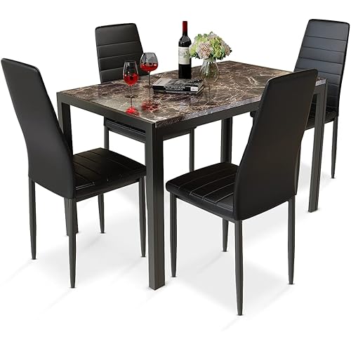 Recaceik Furniture 5 Piece Faux Dining Set, Modern Kitchen Table Marble Top and High Chairs for Breakfast Nook Small Spaces(Brown)