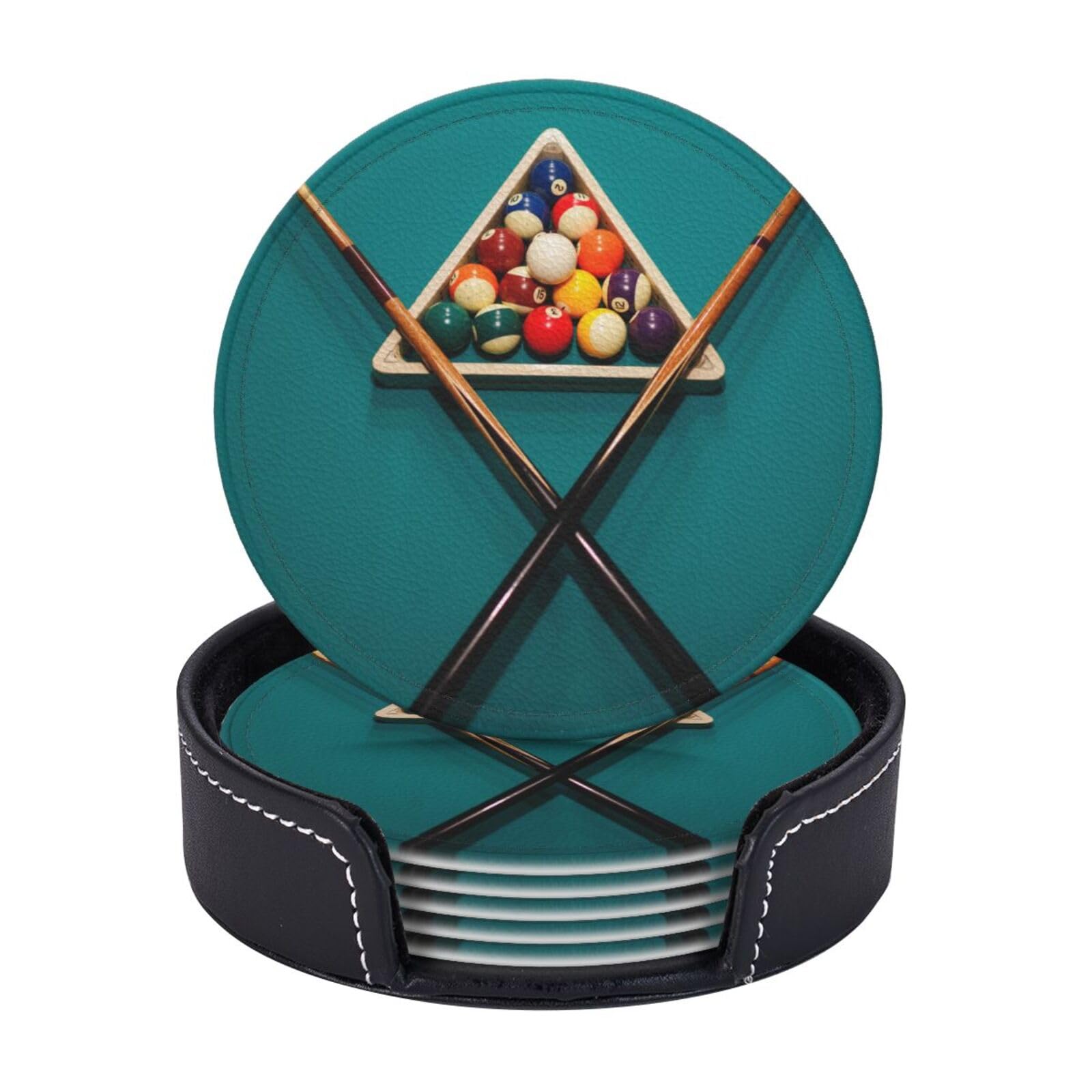 Keeawou Billiards Leather Drinks Coasters with Holder, Set of 6, Suitable for Various Cups