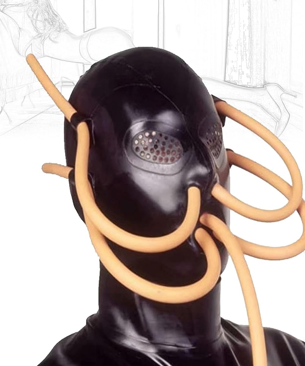 Latex Maske BDSM Maske Mund Knebel Ball Gag Vollmaske Mit Nasen Und Mundschlauch Abdeckung Gummi Maskieren