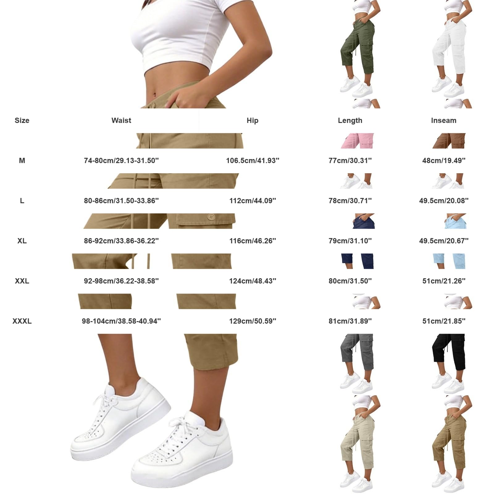 Generisch Pantaloni capri da donna a 3/4, sportivi, casual, alla moda, leggeri e traspiranti, per il tempo libero, traspiranti, con tasche laterali, per tutti i giorni