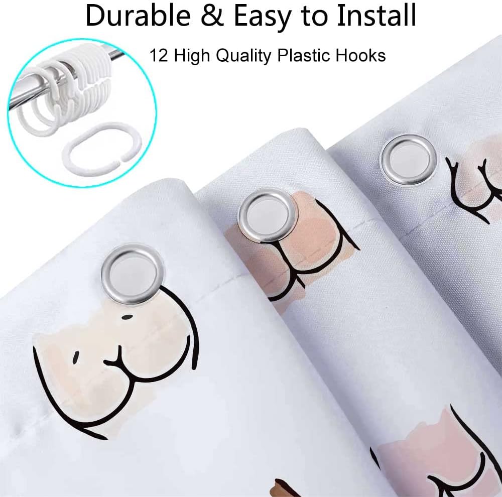 JAWO Funny Shower Curtain for Bathroom, Fun Butt Hilarious Extra Long Fabric Shower Curtains Set, White Restroom Decor Accessories, Hooks Included (72X84)