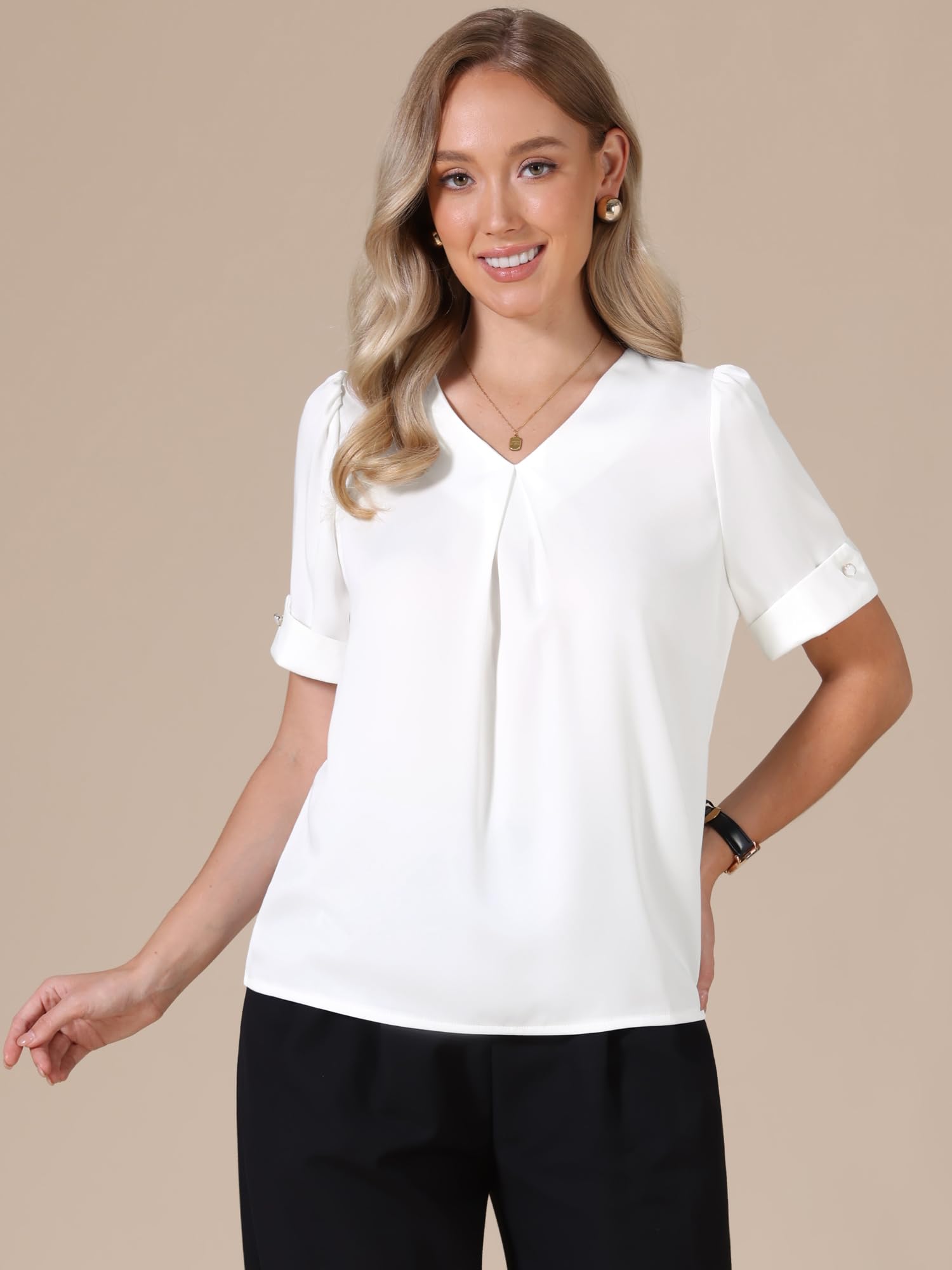 Allegra K Chemisier élégant en satin pour femme avec col en V et manches courtes