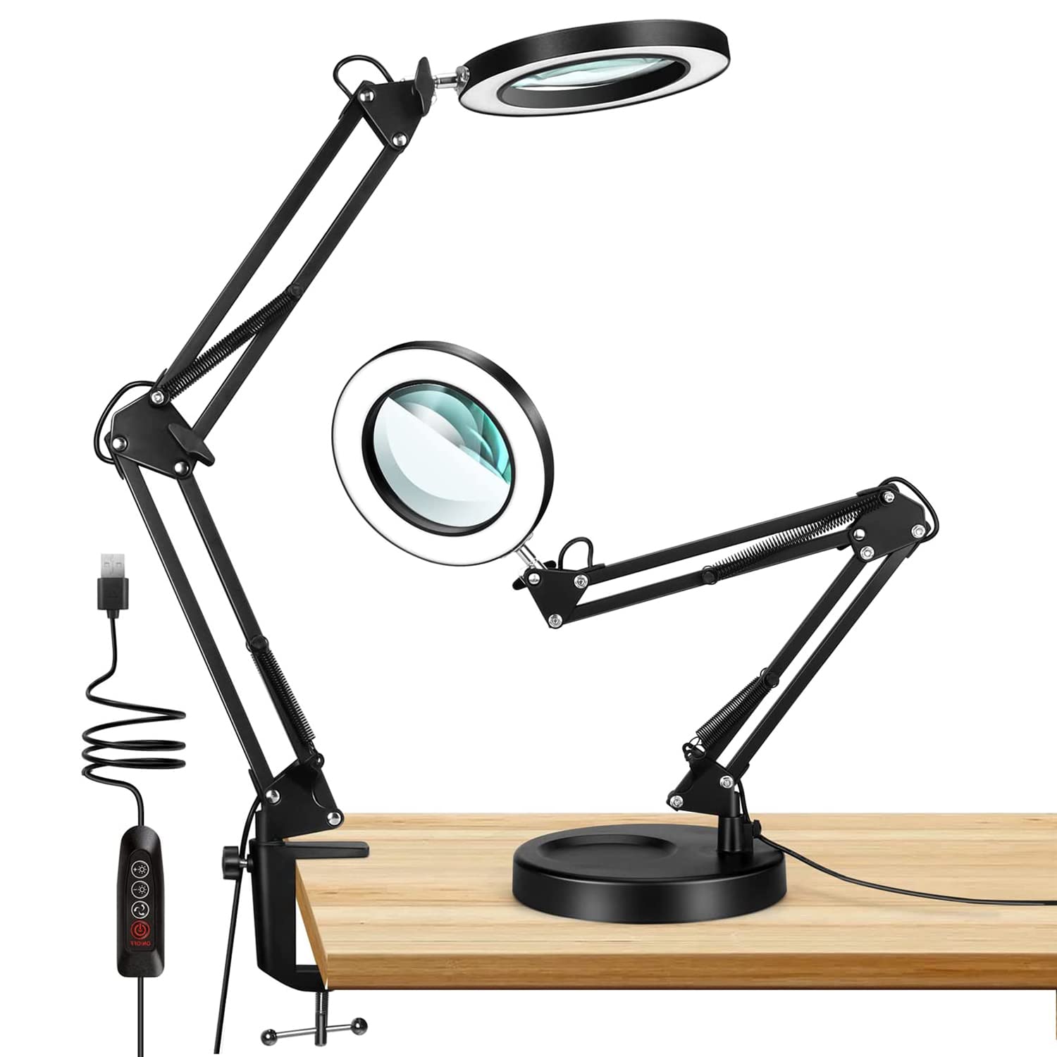 2-in-1 Magnifying Glass Desk Lamp and Stand,8X Glass Desk Lamp with Clamp, 3 Color Modes Stepless Dimmable, Adjustable Swing Arm Led Lighted Magnifier with Light for Reading,Works (8x Magnifying)