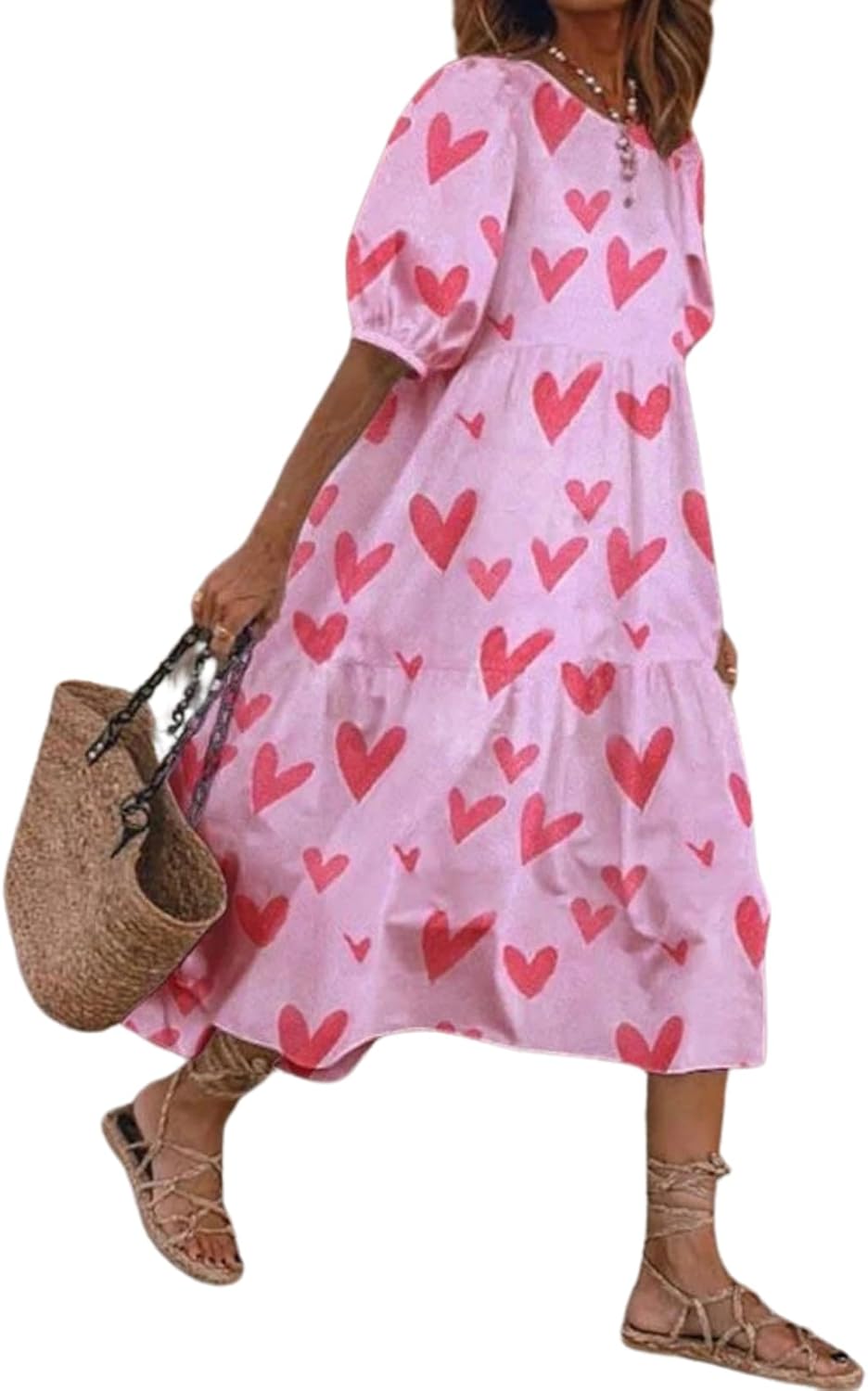 LIZALIG Women's Bohemian Summer Long Dress Crewneck Short Sleeve Maxi Dresses for Beach Vacation Daily Wear