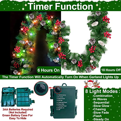 [ Timer & 8 Modes ] 9 Foot by 10 Inch Christmas Garland Decorations 100 LED Lights Battery Operated Lighted Garland 300 Branches 198 Red Berries 18 Pine Cones Xmas Garland Indoor Outdoor(Colorful) - Thumbnail 3