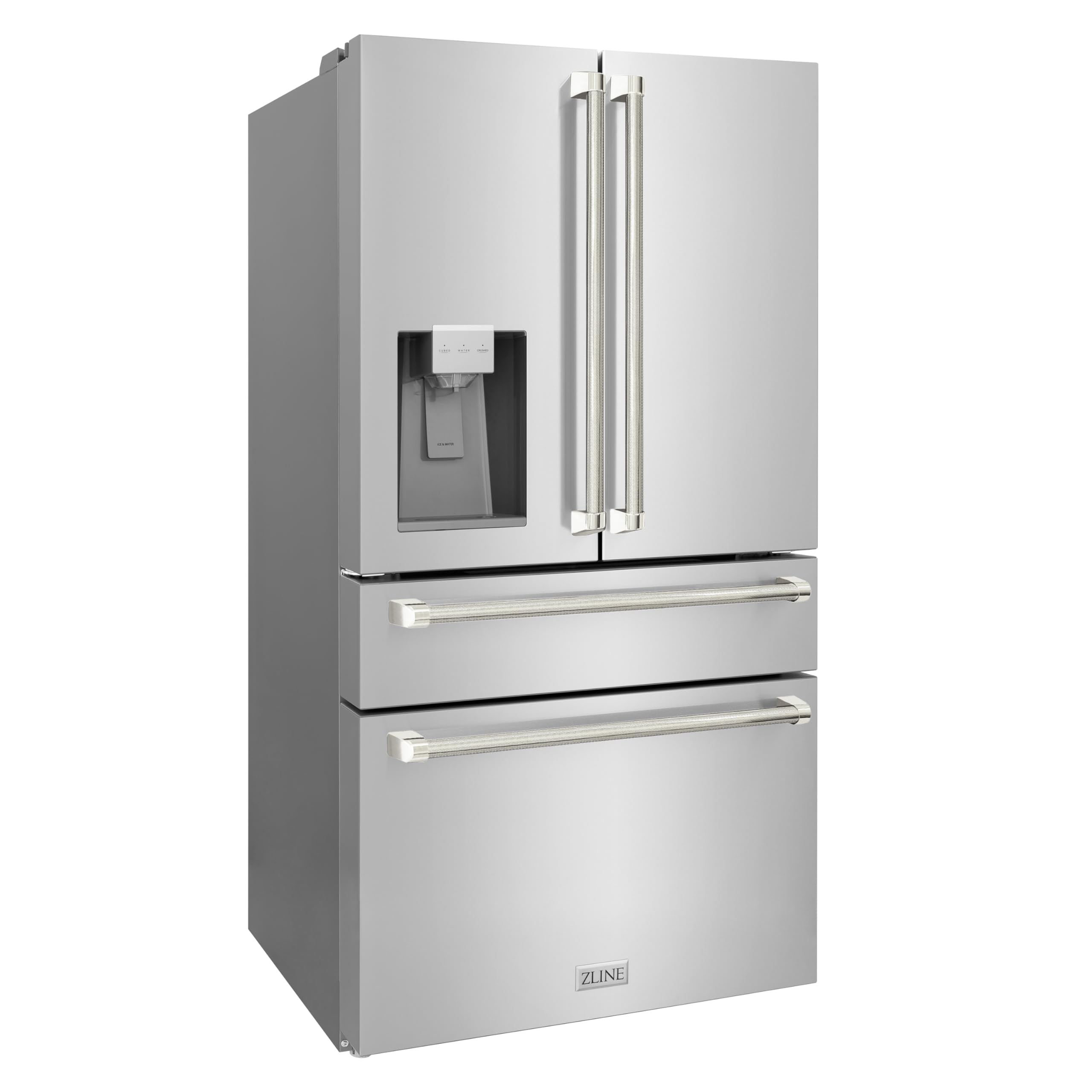 ZLINE Autograph Edition 36 In. 21.6 Cu. Ft. Counter-Depth French Door Refrigerator With Water And Ice Dispenser In Fingerprint-Resistant Stainless Steel With Polished Nickel Helix Handles on Fridge.com - View 3