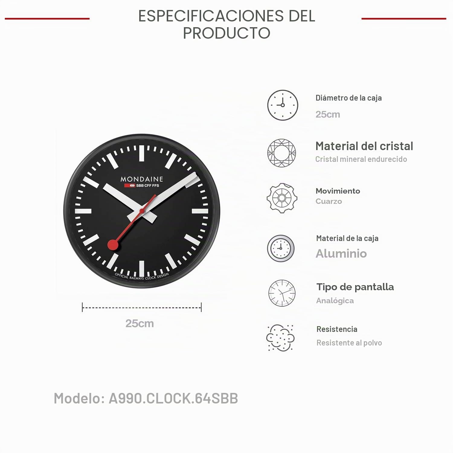 Mondaine Reloj Pared Moderno en Color Negro, A990.Clock.64SBB, 25 CM