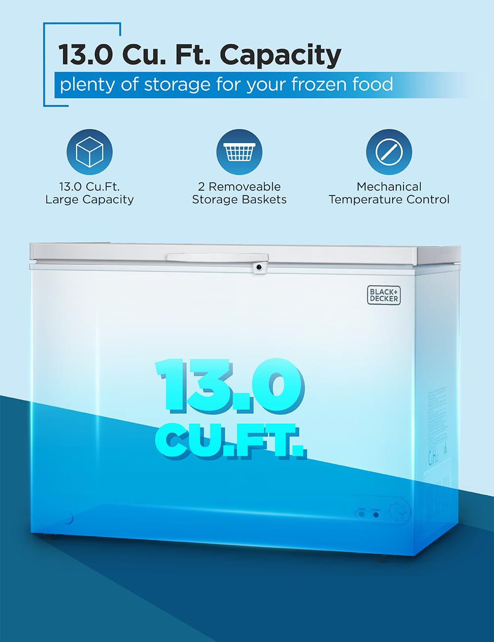 Black+Decker 13 Cu. Ft. Chest Freezer, Deep Freezer With Top Opening, Freezer Chest With Removable Storage Basket, Mechanical Temperature Control, Manual Defrost, R600a Refrigerant,Bcf1300e,White on Fridge.com - View 2