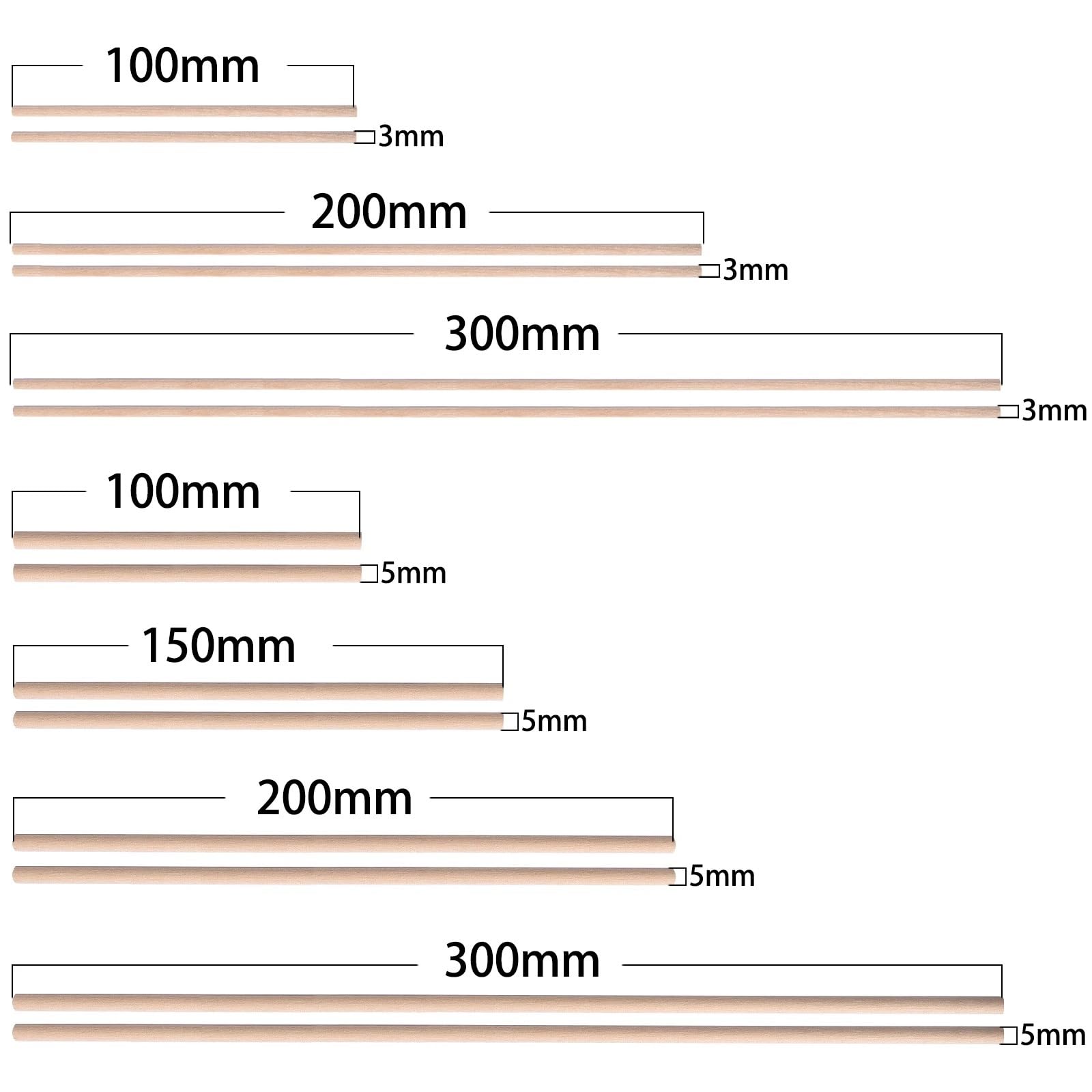 Bâtonnets en bois pour loisirs créatifs Bâtonnets en bois de 3 mm et 5 diamètre, longueurs 100 à 300, paquet 500, for bricolage, artisanat, menuiserie(3x200mm)