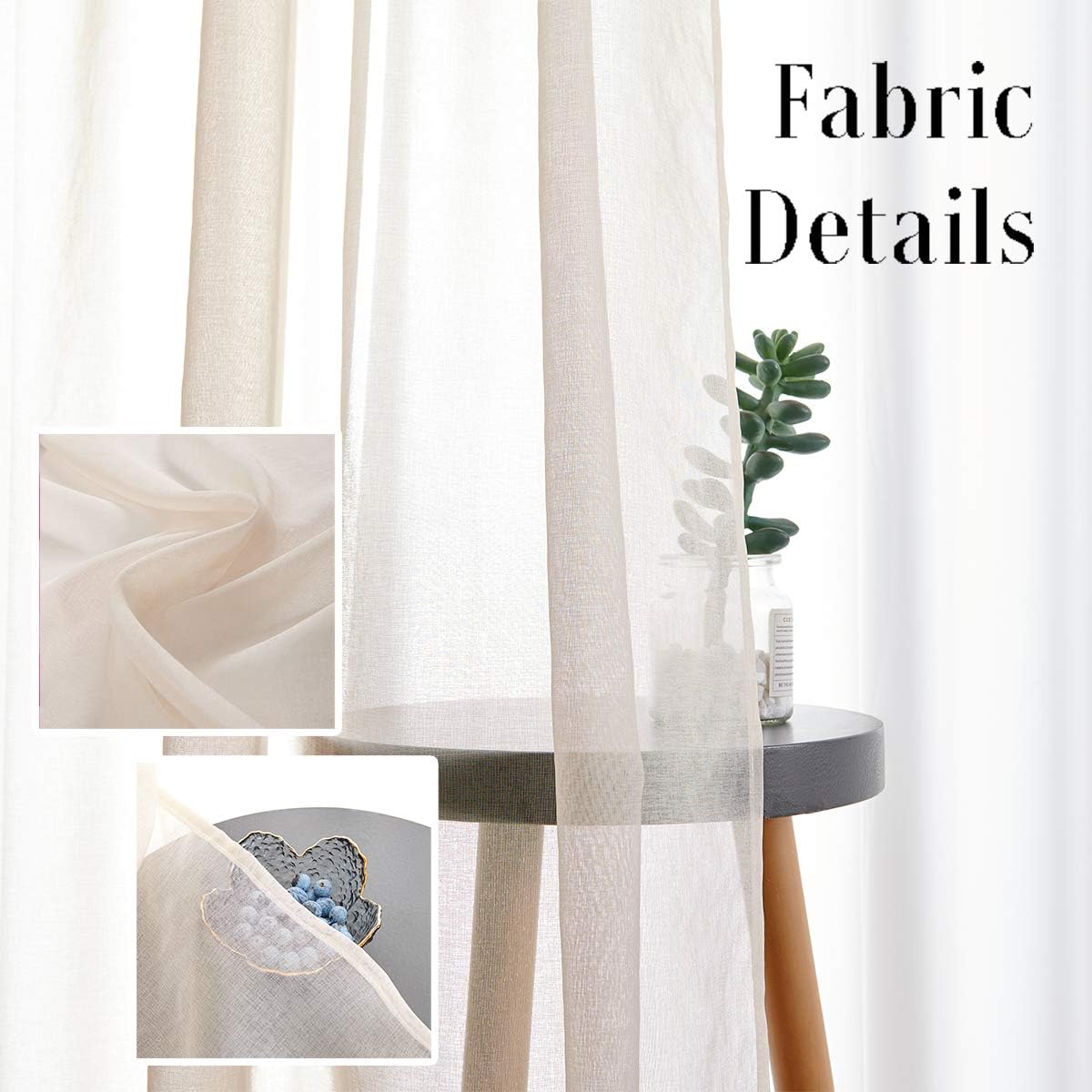 Beige Semi Sheer Curtains 84 Inches Long Faux Linen Beige Sheers Curtain for Bedroom Living Room Girls Kids Room 2 Panels 52x84