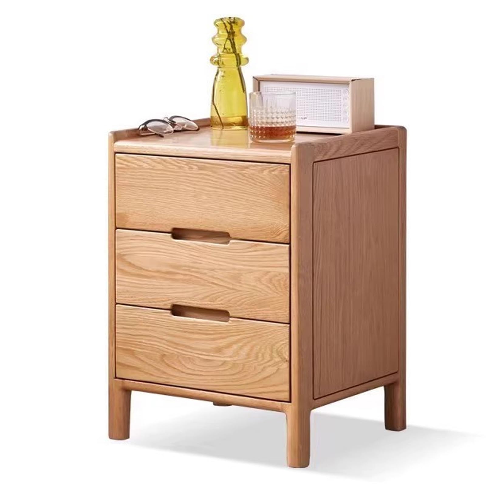 SXZenSpace Solid Oak Wood Nightstand, Mid Century Modern Office Small Bedside Table, Wooden Table with Drawers, Side End for Bedroom, Living Room,3 Drawers (A),40cm