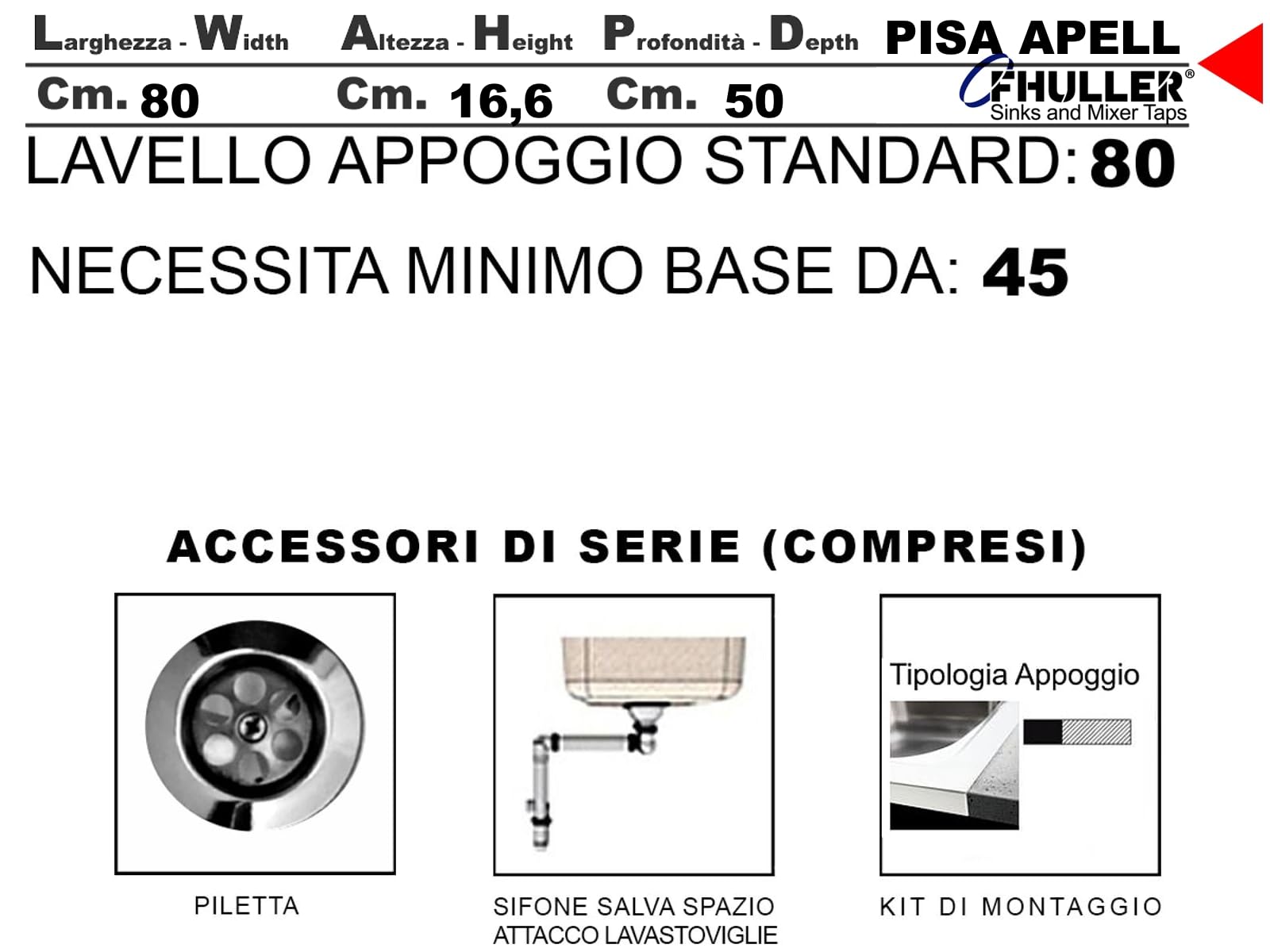 FHUILLER Lavello da Appoggio NO DA INCASSO Inox 80x50 PI801LPC 1 Vasca Destra con Gocciolatoio Sinistra, Acciaio Inossidabile AISI 304 18/10, Monostampo, con Pilette, Sifone, Foro Rubinetto Ø 3,5 cm