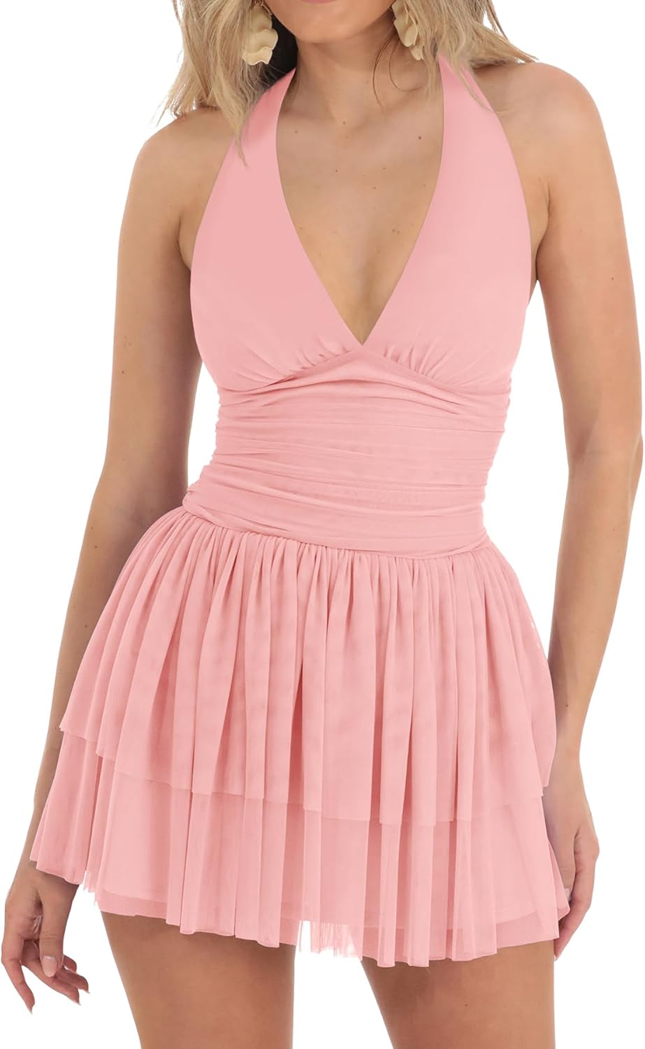 LCNBA Women's Halter V Neck Ruffled Hem Mesh Dress Ruched Flowy Mini Dress - Image 5