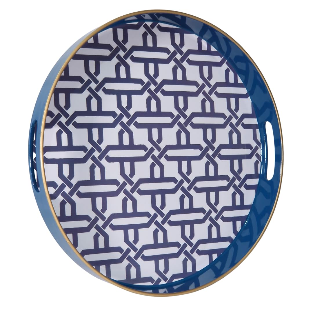 Luxury Elegant Decorative Serving Tray Round Shape Design with Gold Trim | Glossy Finish Cosmetic Tray Organiser or Serving Tray for Coffee Table or Dining 33cm x 4cm (Navy)