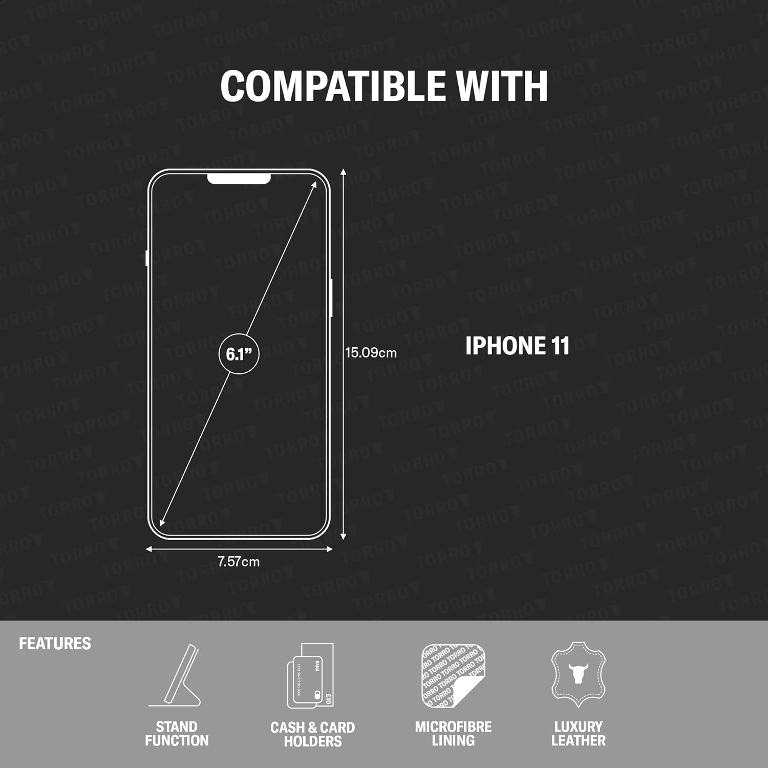 TORRO Leather Case Compatible with iPhone 11 – Genuine Leather Wallet Case/Cover with Card Holder and Stand Function (Black) - Image 2