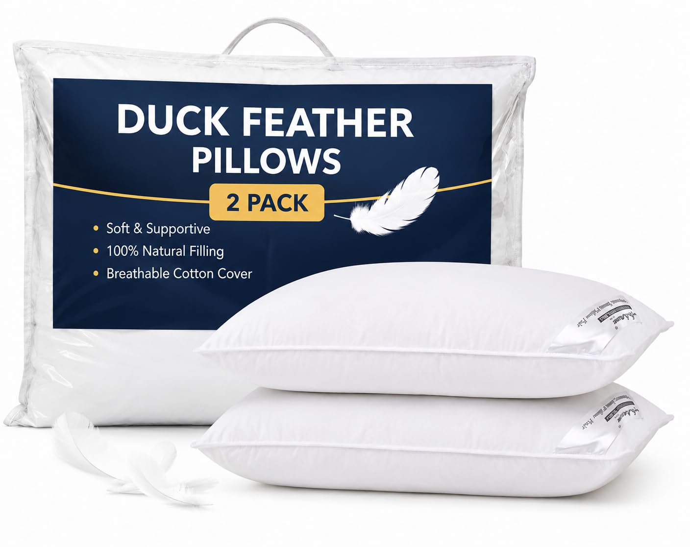 Adam Home Duck Feather Pillows 2 Pack Hotel Quality (Standard Size) - Luxury Down Pillows Extra Soft Filling Filled in 100% Cotton Cover (White, 48 * 74)