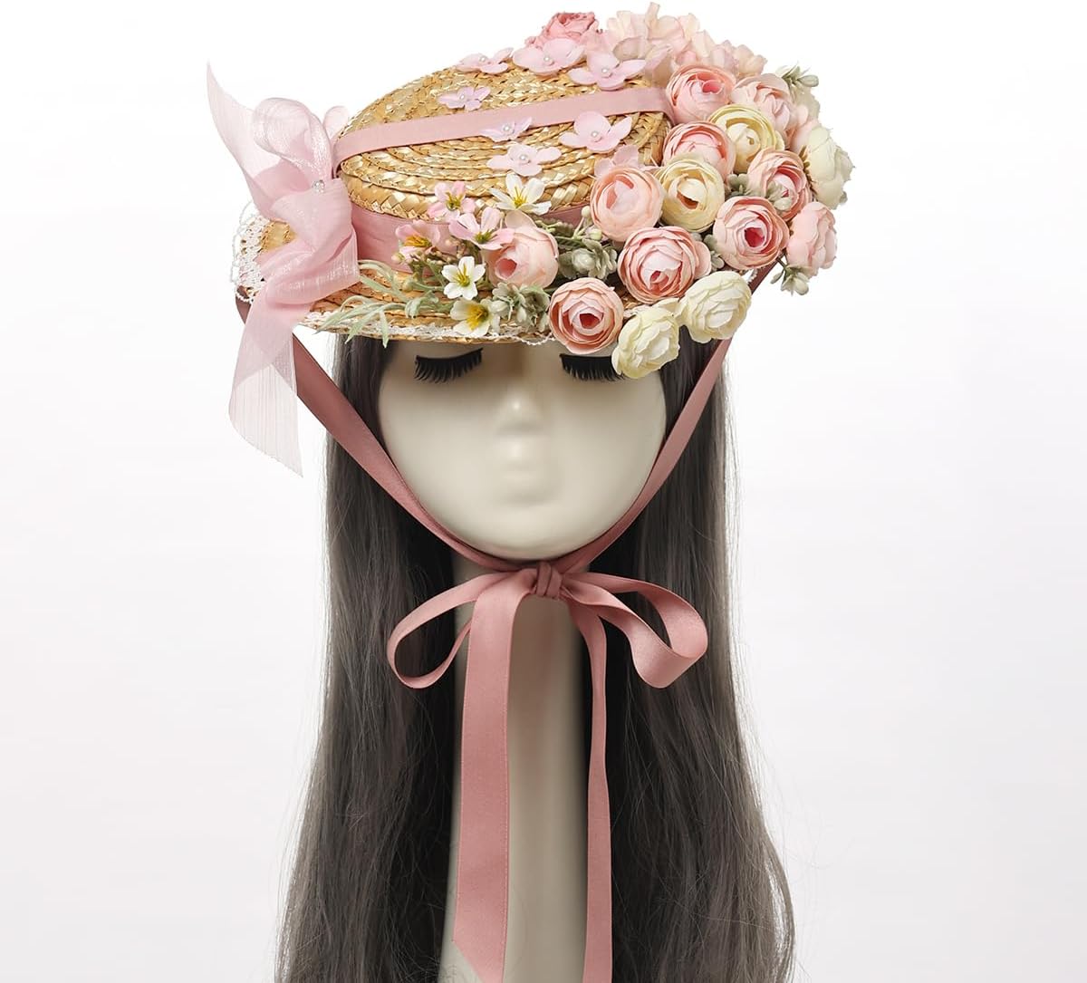 COSDREAMER Girls Women Tea Party Sun Hat Lace Ribbons Straw Hats Small - Image 2