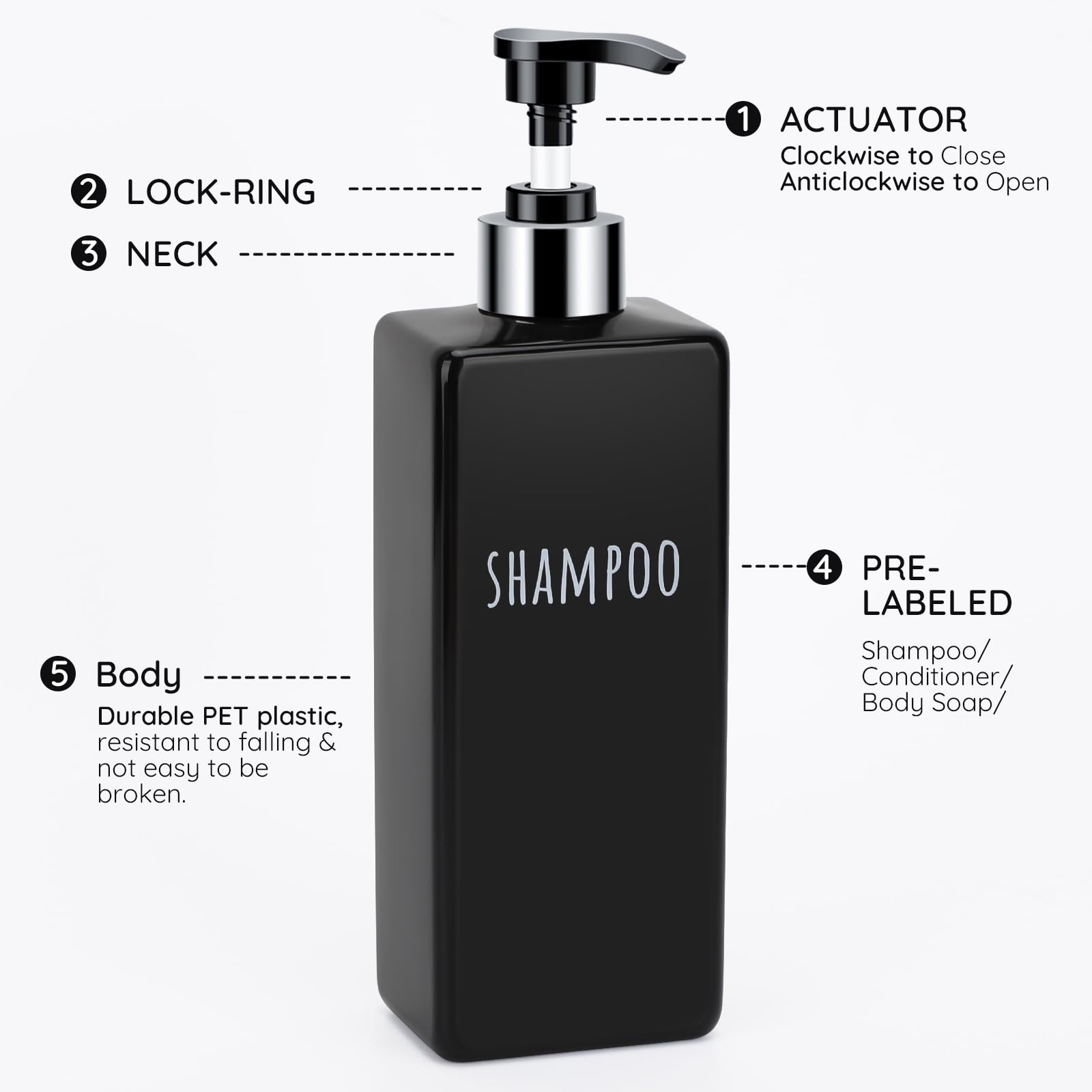 Segbeauty 6 dispenser di sapone da bagno, bottiglie riutilizzabili per shampoo e balsamo, 500 ml, dispenser di sapone liquido quadrato in plastica nera, dispenser per sapone liquido, dispenser per