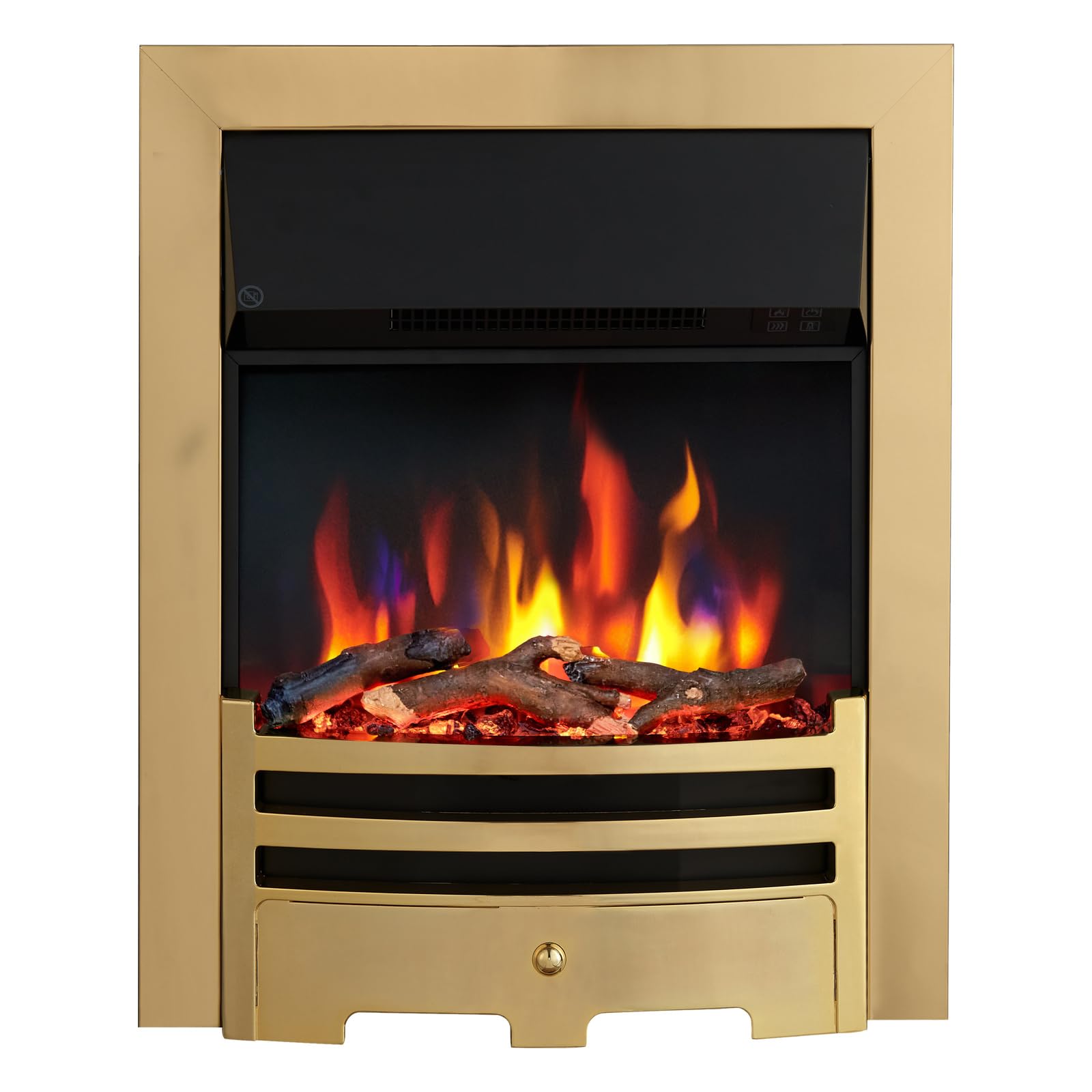 FLAMEKO Verona 16 inch Inset Electric Fire, Bauhaus, Brass, Wall Spacer | Flat wall spacer included so no recess is needed, 2kW Heater (1kW/2kW), 9 Flame Colours, Logs & Black Chips, Remote Control