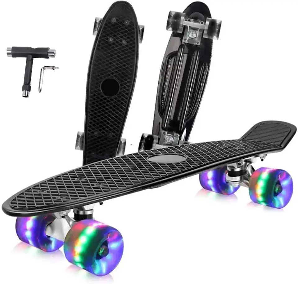 FINYQBET Skate Profissional Montado 22 Polegadas, Rodas LED Sem Bateria, Material de PP com Ferramenta T, Fácil Transporte (56 x 15,2 cm), Ideal para Iniciantes e Adultos, Até 90kg