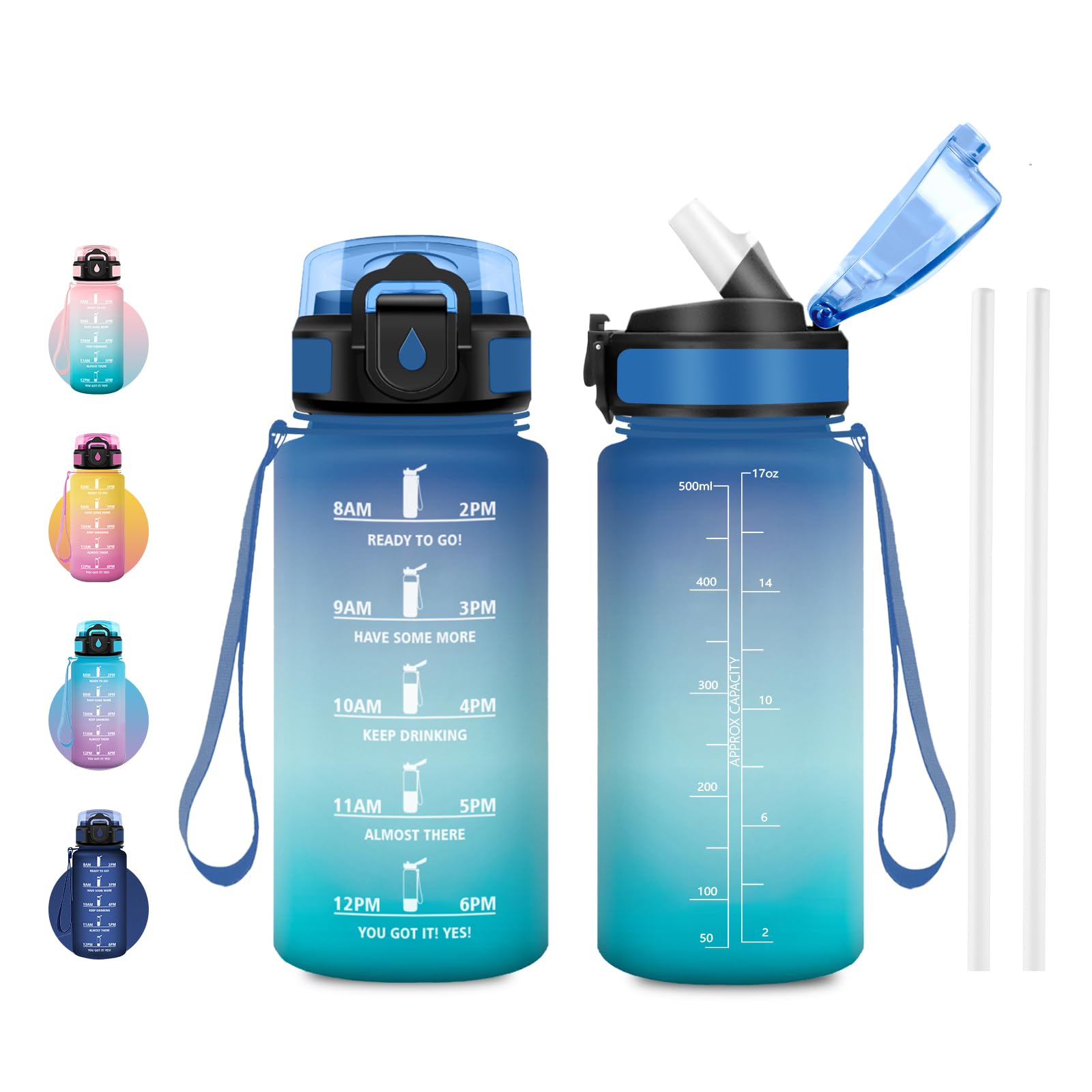 JAPORIA 500ml Water Bottle Reusable Water Bottle with Straw and Time Markers Motivational Leak Proof BPA Free for Office, Camping