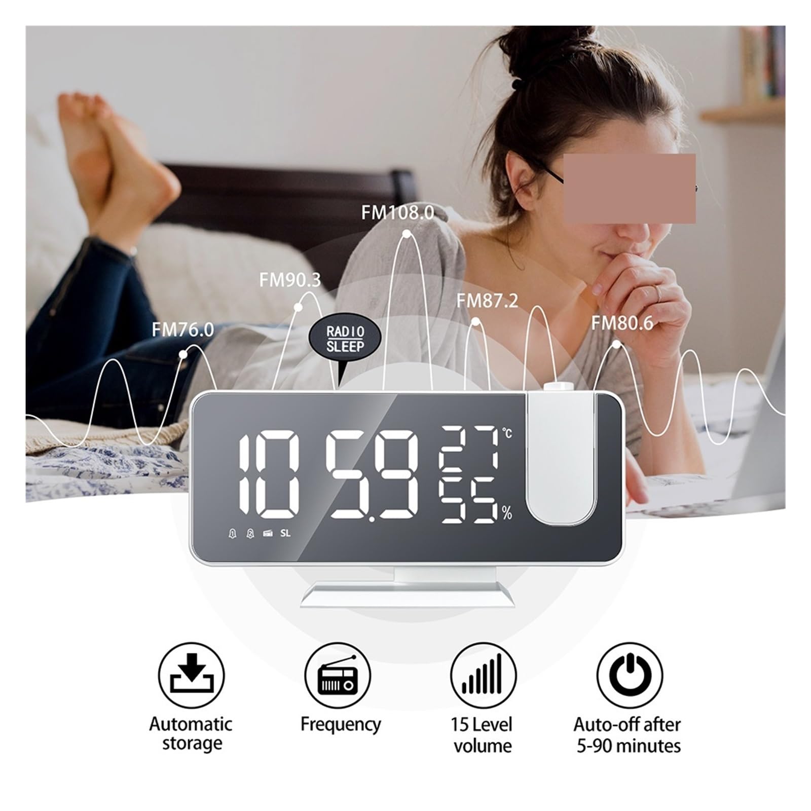 Reloj Proyector Radio FM LED Digital Reloj Despertador Inteligente Mesa De Reloj Relojes Electrónicos De Escritorio Despertador USB con Repetición De Tiempo De Proyección De 180 °(Gold)