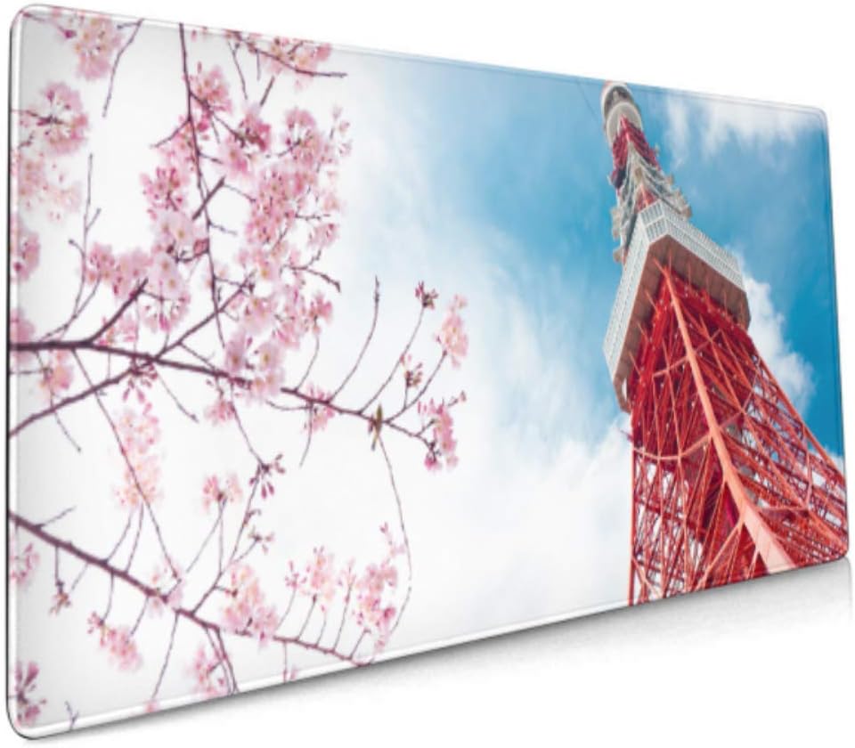 Long Mousepad (35.5x15.8in) View Tokyo Tower Pink Cherry Blossomsakura Desk Pad Keyboard Mat, Non-Slip Base, Water-Resistant, for Work & Gaming, Offi