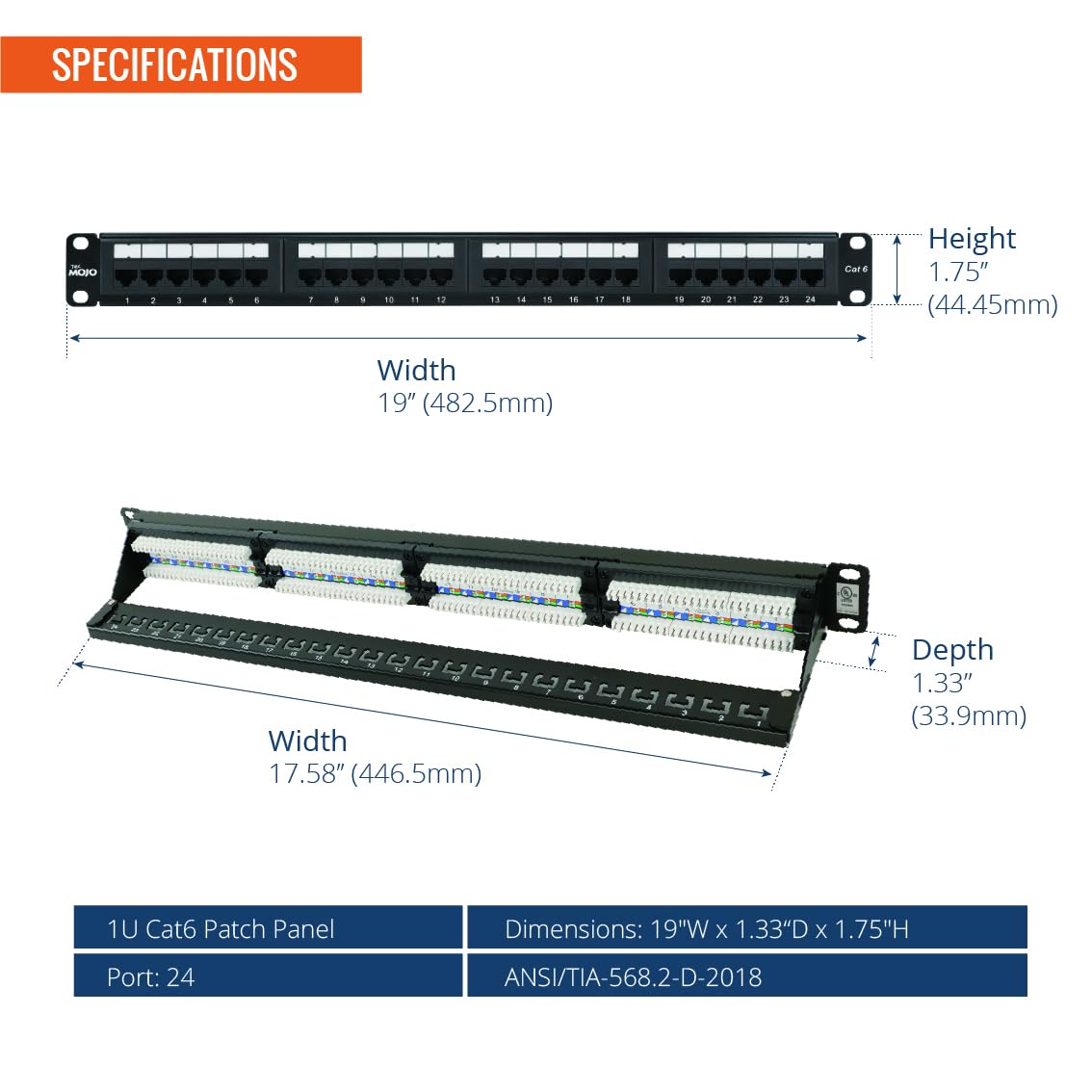 Tecmojo Pannello patch Cat6 a 24 porte elencato UL, Patch Panel di rete 1U per apparecchiature per montaggio su rack da 19", supporto 10G, con gestione dei cavi, non schermato