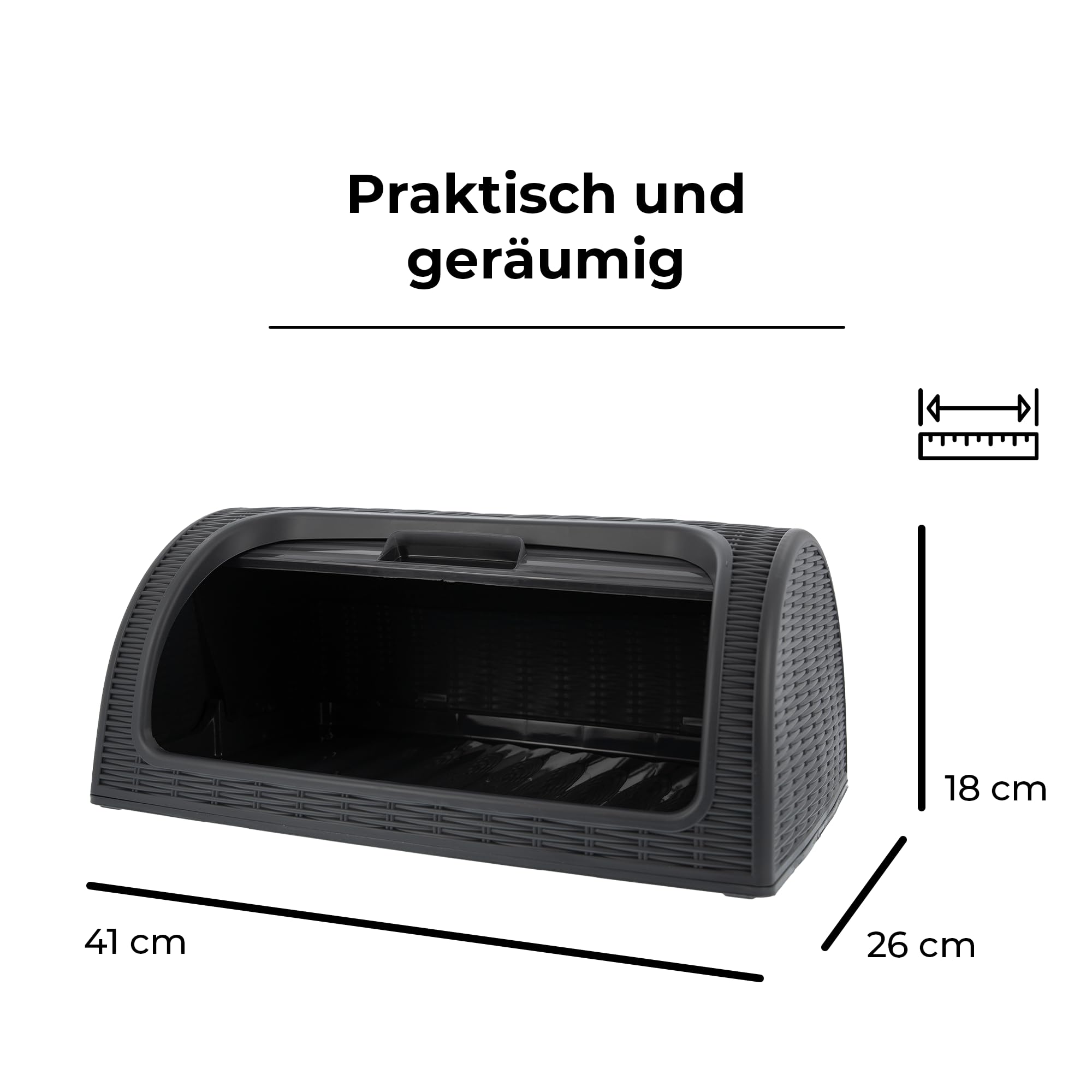 Brotkasten aus Kunststoff, Aufbewahrung für Backwaren, 41 x 26 x 18 cm, stilvolle Brotbox, Brot frisch aufbewahren, grau anthrazit