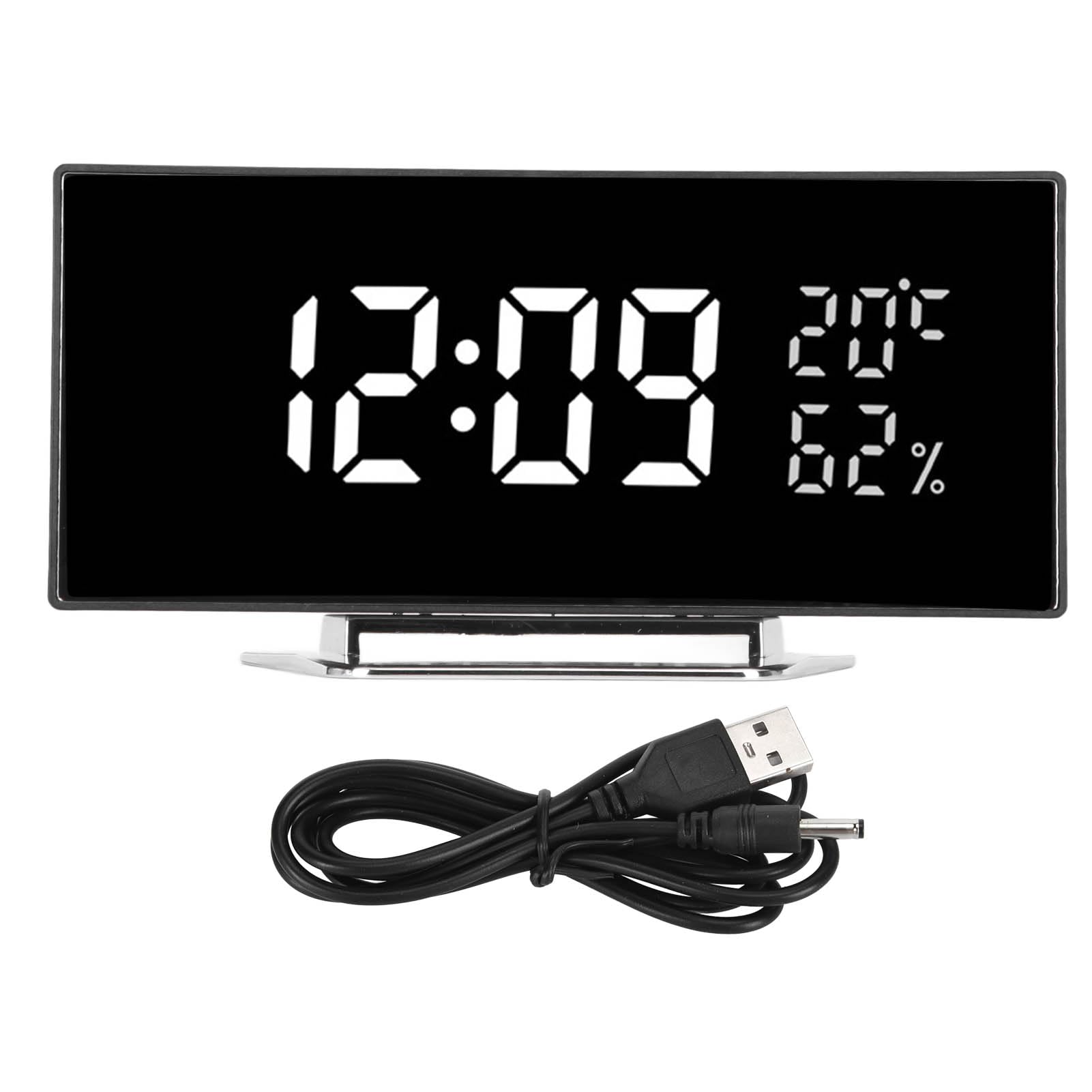 Digital Alarm Clock, Curved Digital Clock, LED Mirror Backlight, 3-Level Brightness, Table Clock with Temperature and Humidity Display, White Light for the Living Room, Bedroom