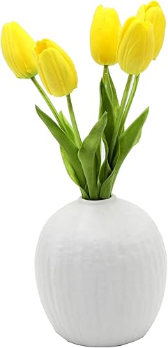 Flora Bunda Artificial Flowers Real Touch Yellow Tulips in 5 in H Ceramic Vase, 11.25 in H include. Matte White Vase, Potted Fake Tulips for Wedding disponible en Yaxa Peru