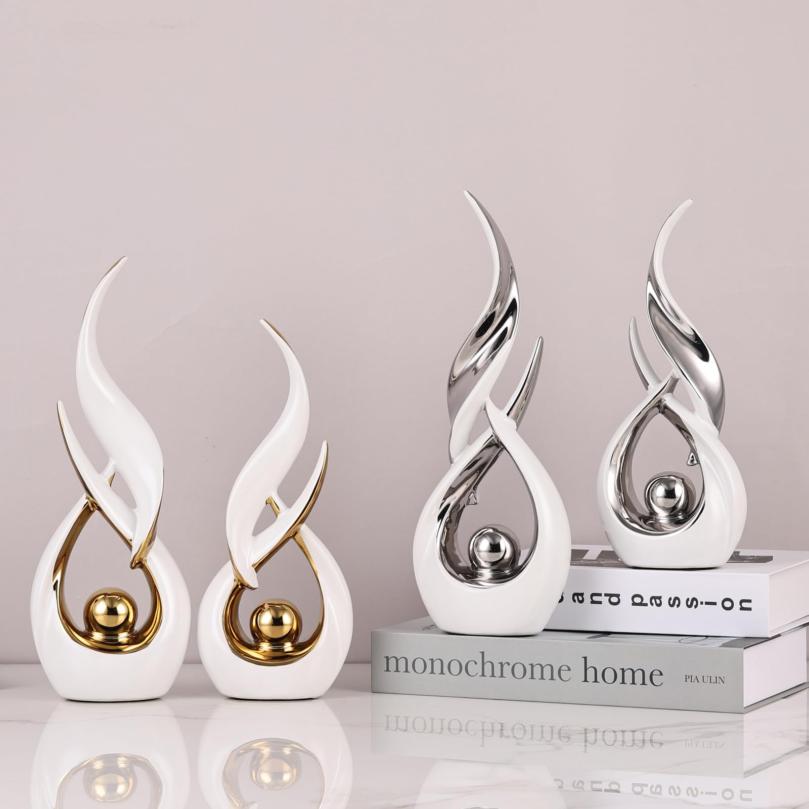 2 estatuas de cerámica blanca y plateada para decoración del hogar, esculturas de arte abstracto moderno, elegantes objetos decorativos de mesa para comedor, entrada, soporte de TV, chimenea, centros