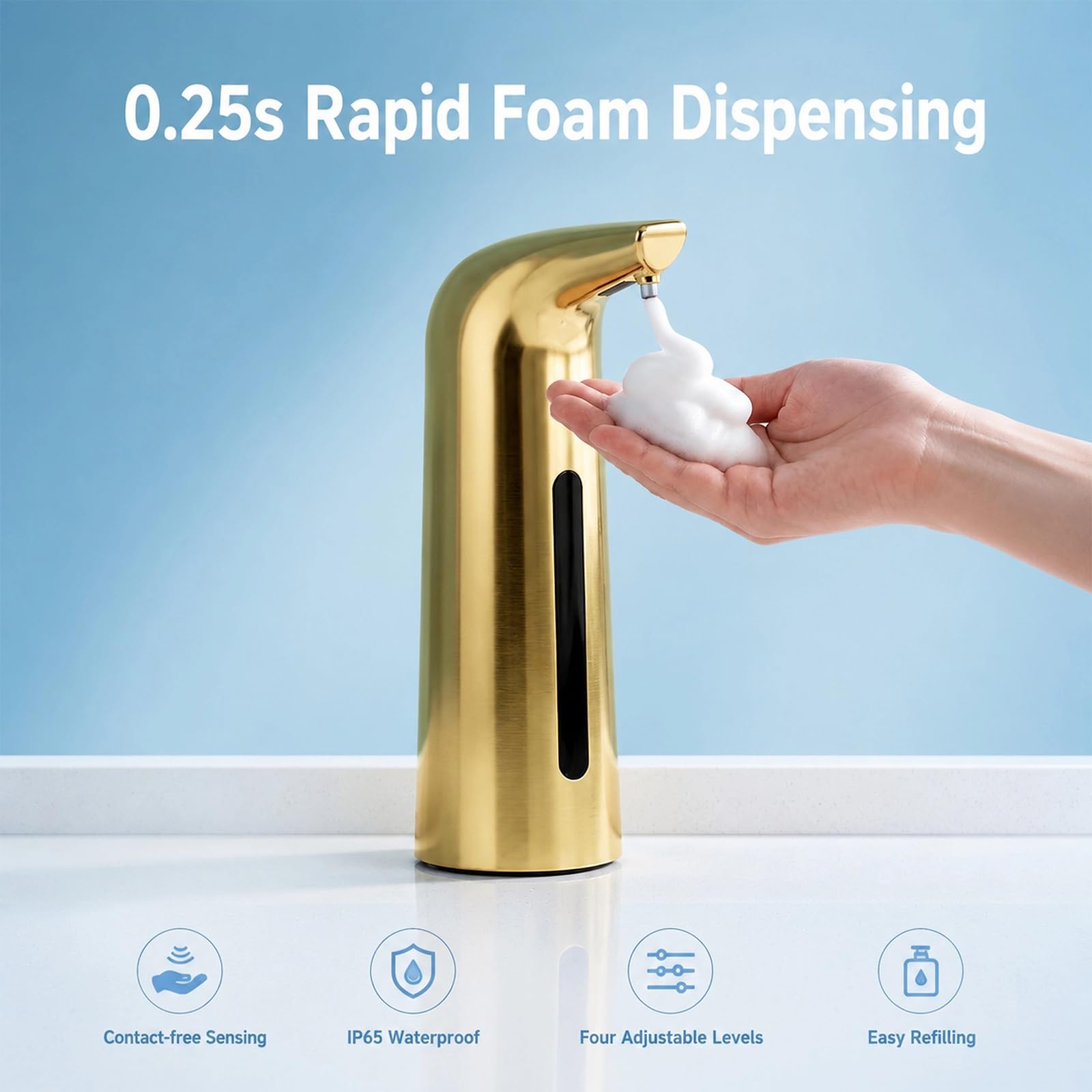 Dispenser Automatico di Sapone in Schiuma Color Oro, 4 Livelli Regolabili, Dispenser Touchless da 400 Ml per Bagno E Cucina
