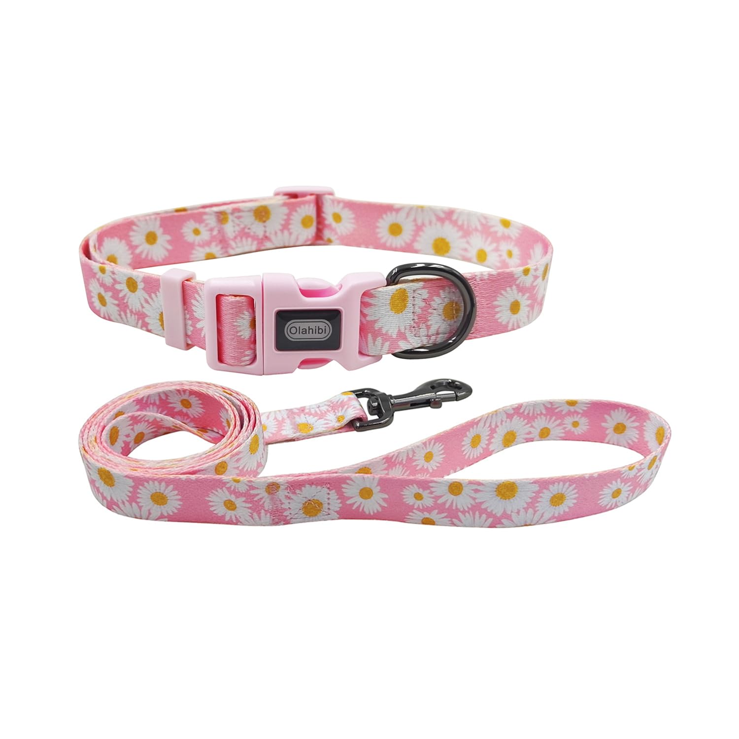 Olahibi Dog Collar Leash Set, Floral Pattern, Polyester Material, Adjustable Collar and 150CM Matching Leash, for Small Puppy Dogs.(XS,Light Pink Daisy) — image 1