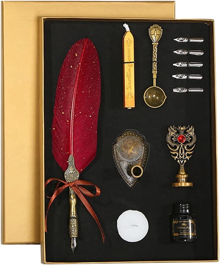 Dip Pen Set Vintage Sprinkling Gold Wax Seal Stamp Kit Calligraphy Writing Fountain Birthday Gift Box Quill(Black)