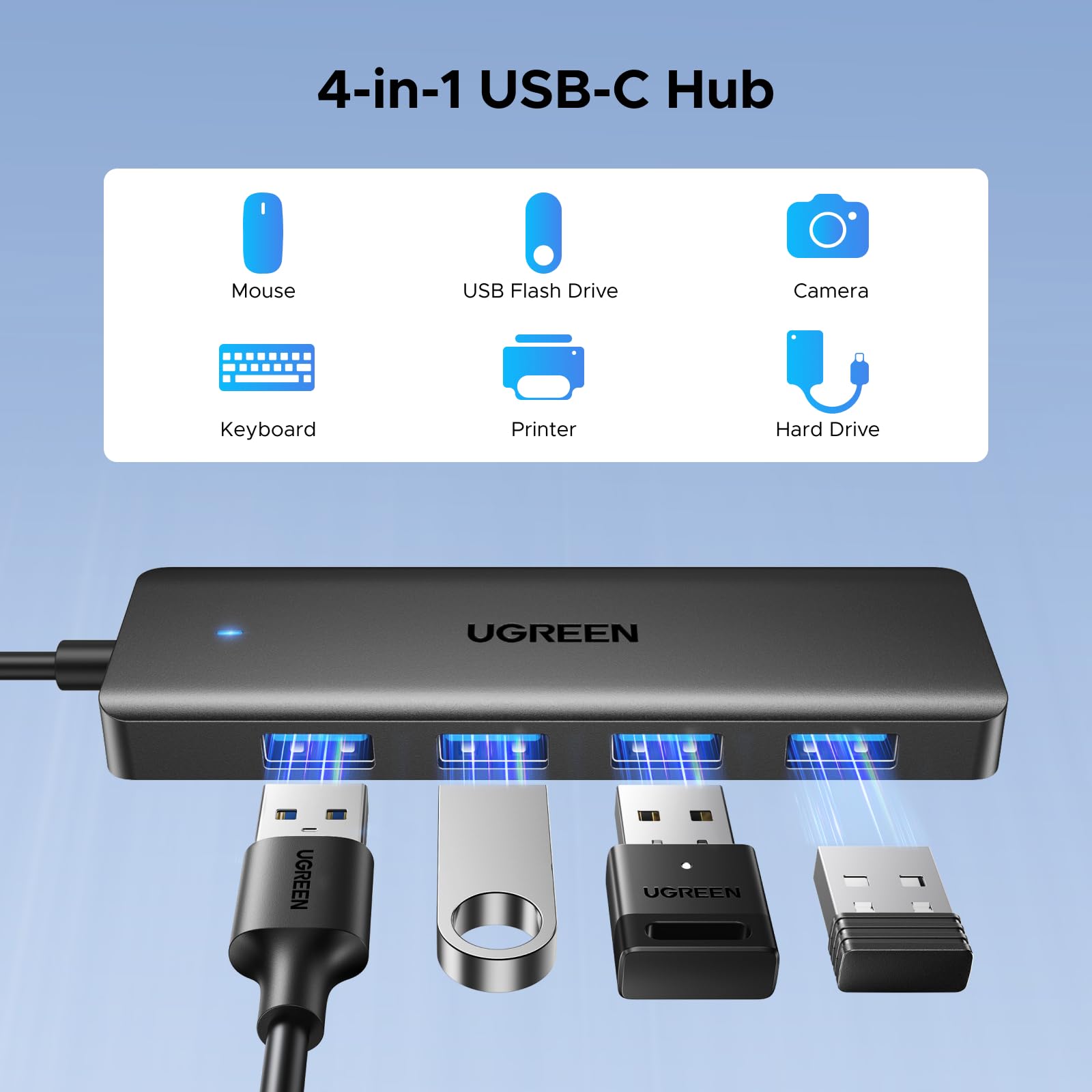 UGREEN USB-C Hub, 4-portowy hub USB 3.0, przedłużacz, transfer danych 5 Gb/s (15 cm)