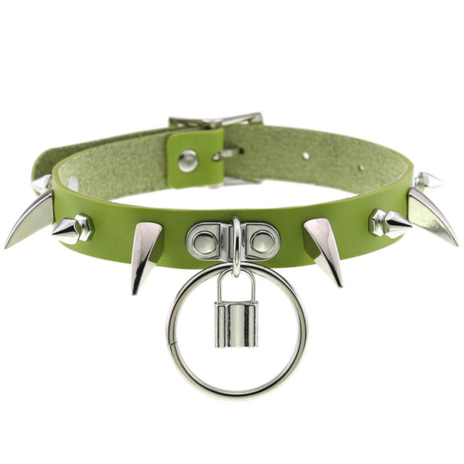 Weiting Girls Black Spiked Choker Collar For Punk Goth Lock Necklace Neck Strap Cosplay Chocker Gothic Accessories-Green