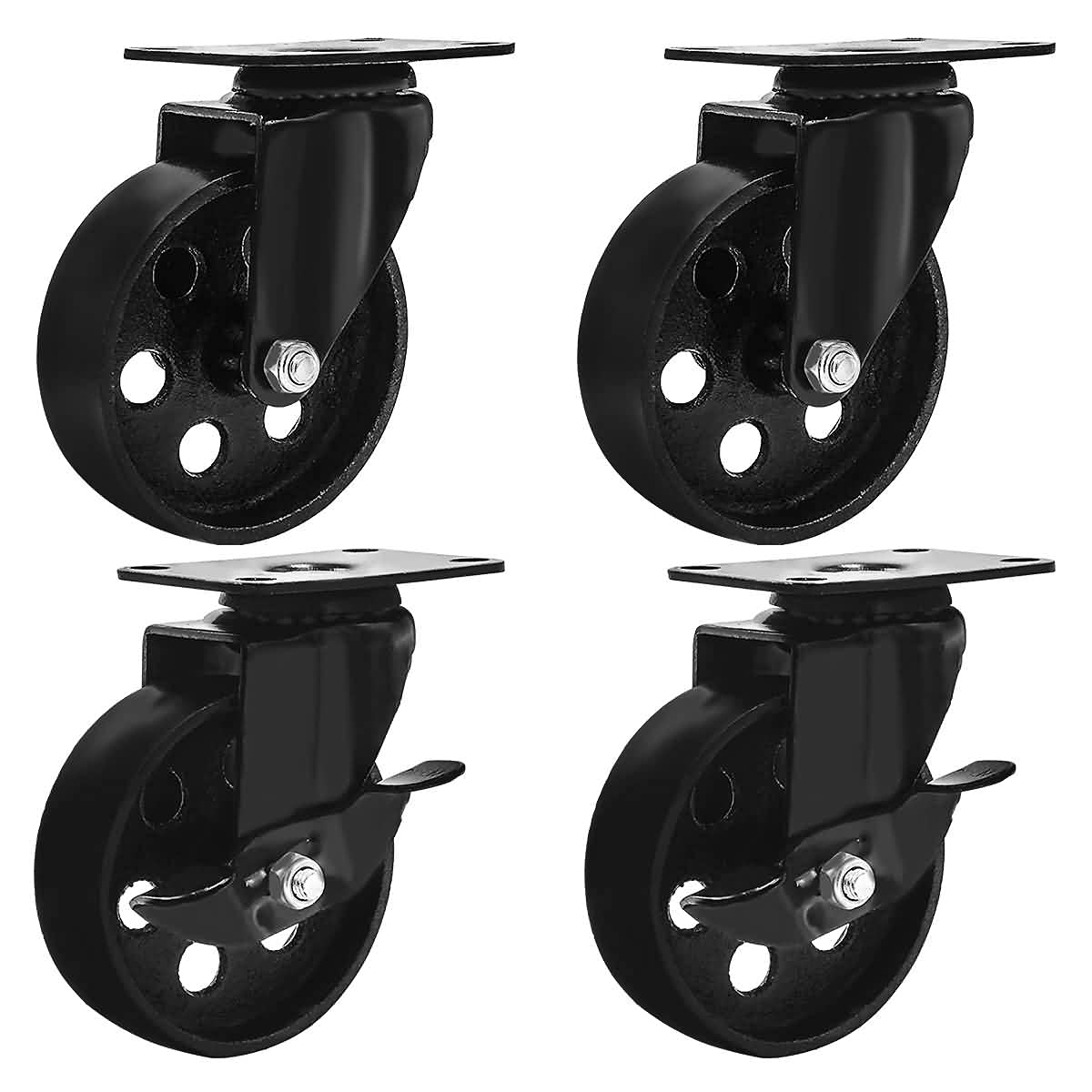 factorduty 4 all black metal swivel plate caster wheels w/brake lock heavy duty high-gauge steel (4" combo)