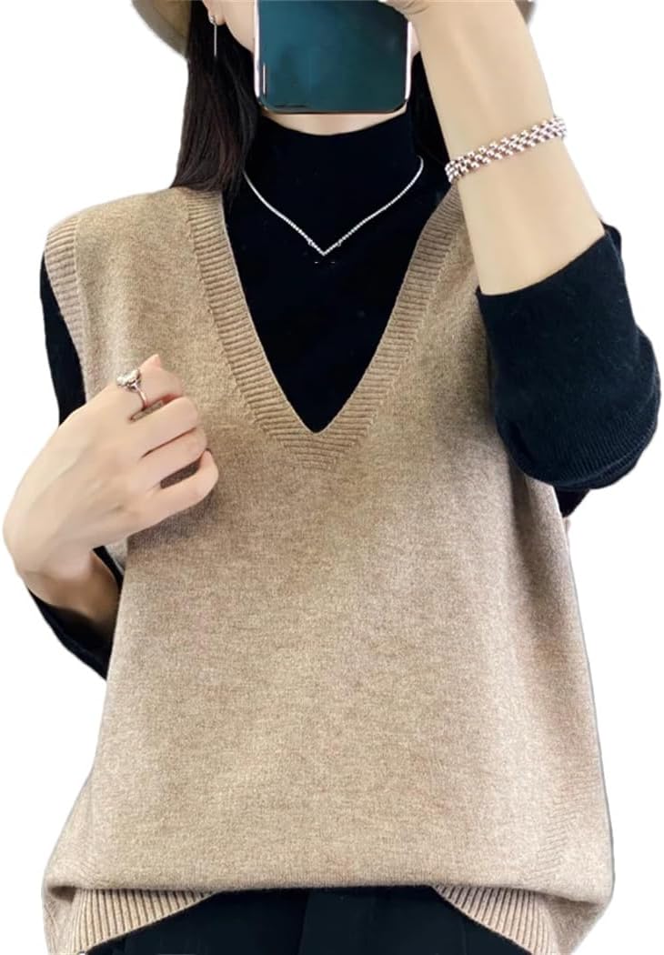 Autumn Winter Women's Wool Sweater V-Neck Pullover Vest Fashion Knitted Sleeveless Loose Woolen Sweater