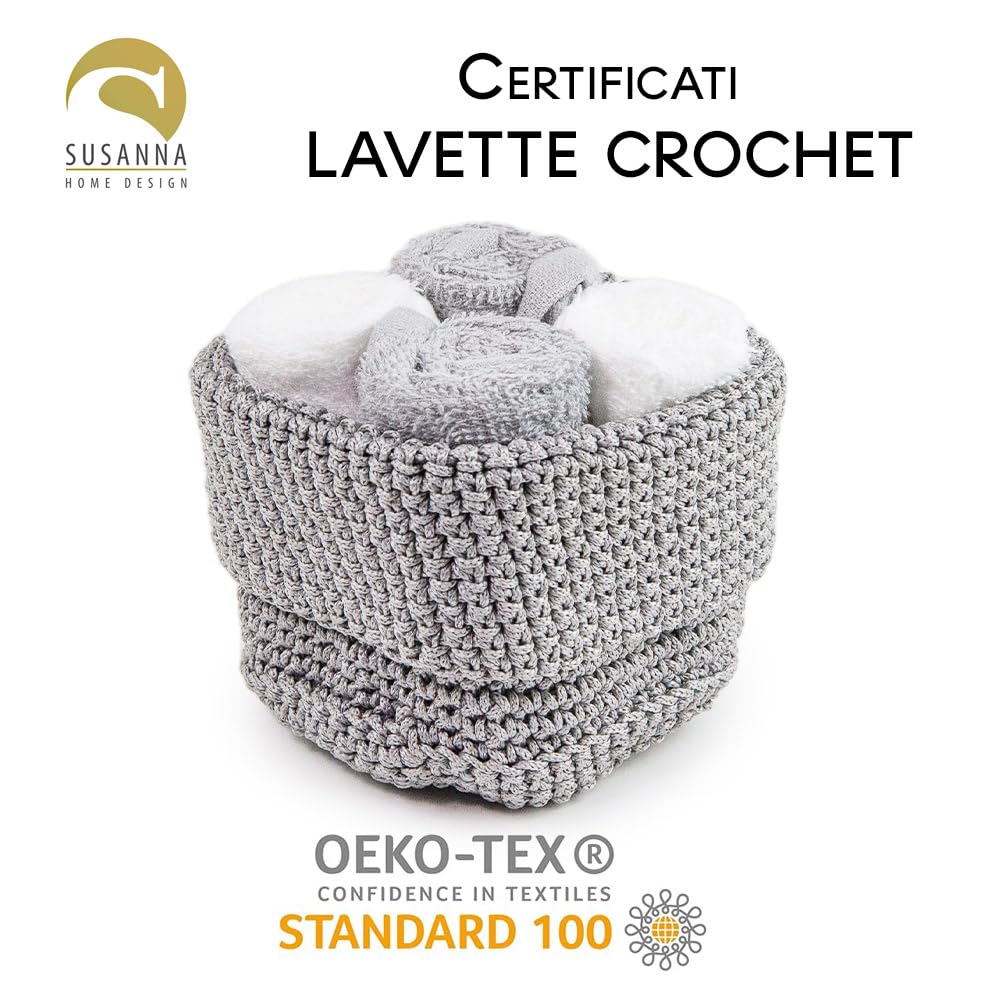 Generico Susanna Home Set 4 Lavette 30x30 - Asciugamano Ospite in Spugna di Cotone - Confezionato in elegante cestino uncinetto (GRIGIO)