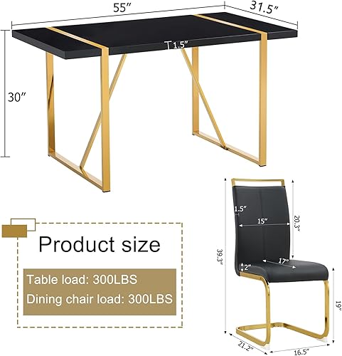 Miniatura 3 de Moderno juego de mesa de comedor para 4, juego de mesa de comedor dorado de 55 pulgadas con 4 sillas de piel sintética negra, mesa de madera negra