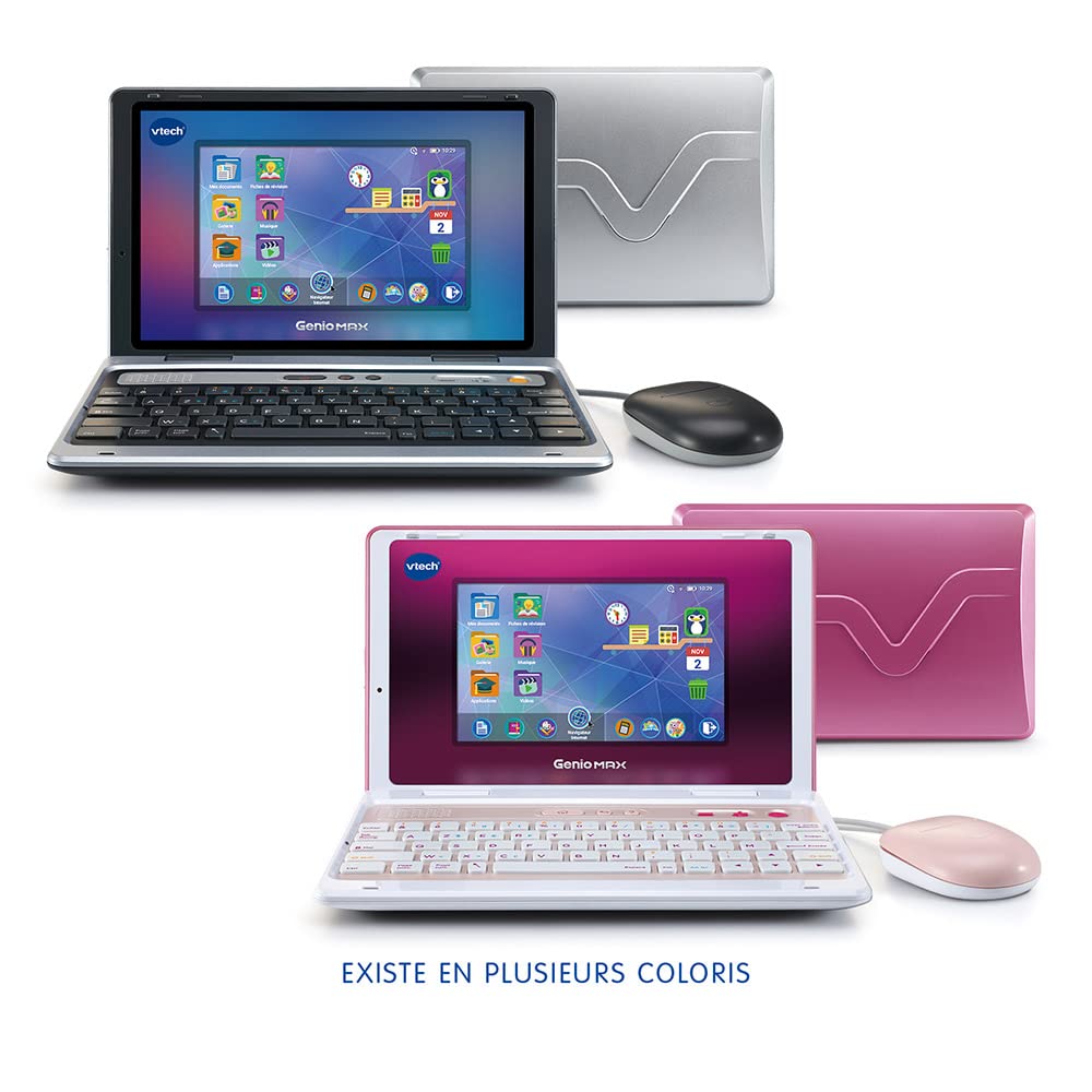 VTech - Genio Max, Mon Premier Vrai Ordi Rose Métal, Ordinateur Enfant avec Écran Couleur 7 Pouces, Souris, 60 Activités et Jeux Éducatifs, Cadeau Enfant de 5 Ans à 12 Ans - Contenu en Français
