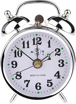 Vintage Mechanical Alarm Clock, Manual Wind Up Clock with Loud Twin Bell, Analog Retro Silver Alarm Clock for Bedroom Living Room, Glow in The Dark Needles