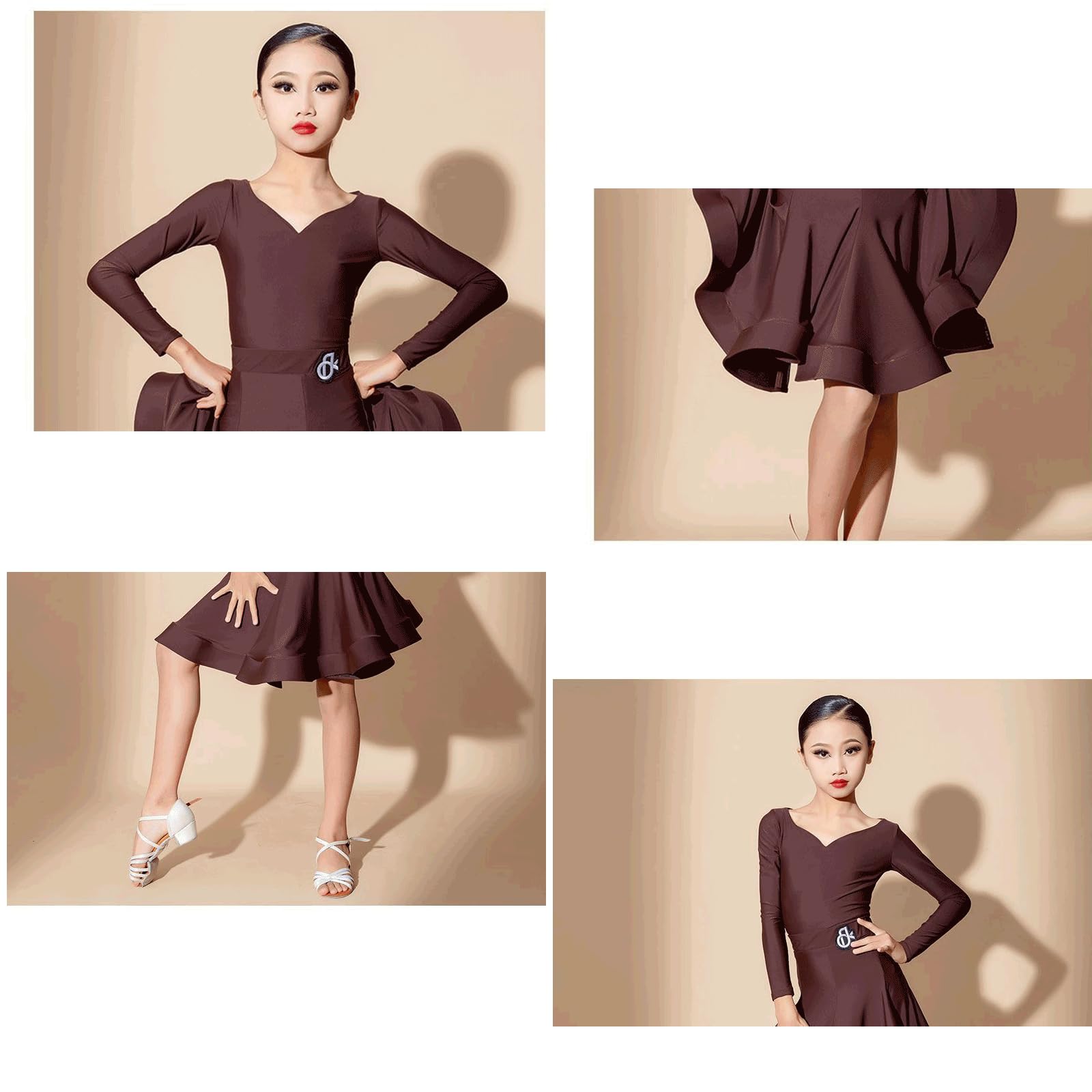 Vestido Baile Latino para niñas, Ideal para competiciones Rumba, actuaciones en el Escenario y práctica Baile salón Conjunto Dos Piezas Falda y Mangas largas para Salsa.